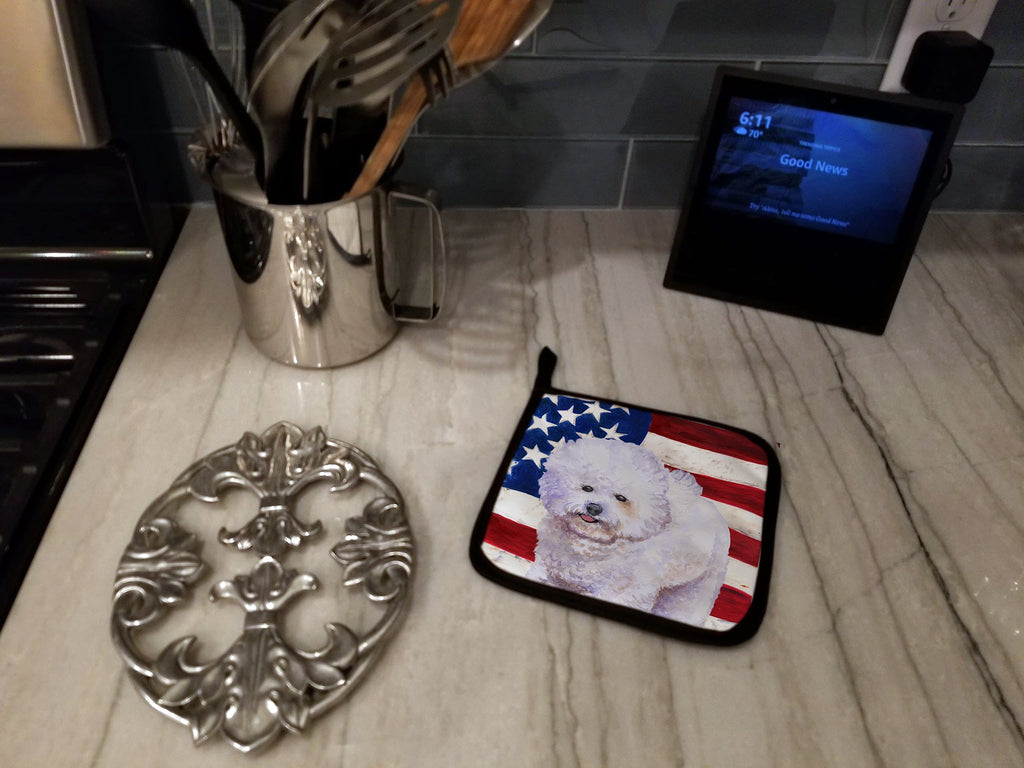 Bichon Frise Patriotic Pot Holder Set of 2 Heat Resistant Quilted Hot Pads 7.5 x 7.5 Inch, Insulated Kitchen Trivets for Cooking & Baking