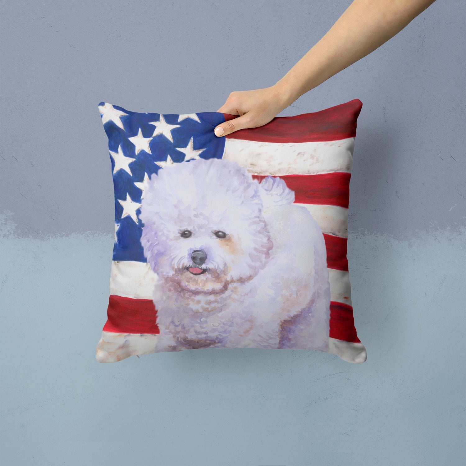 Bichon Frise Patriotic Decorative Throw Pillow 14x14 Indoor Outdoor Accent Cushion, Fabric Cover with Insert for Sofa, Bed, Porch & Living Room