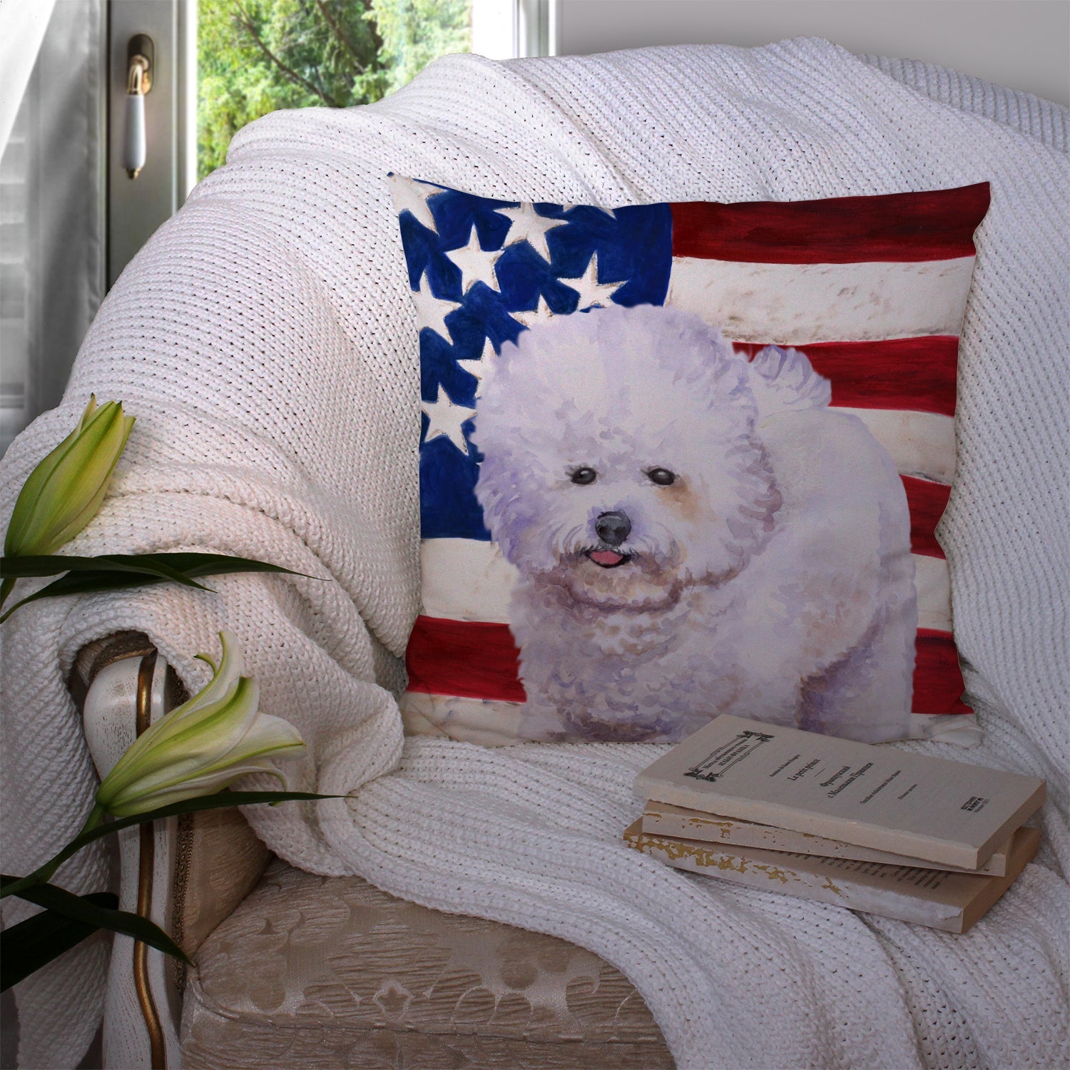 Bichon Frise Patriotic Decorative Throw Pillow 14x14 Indoor Outdoor Accent Cushion, Fabric Cover with Insert for Sofa, Bed, Porch & Living Room