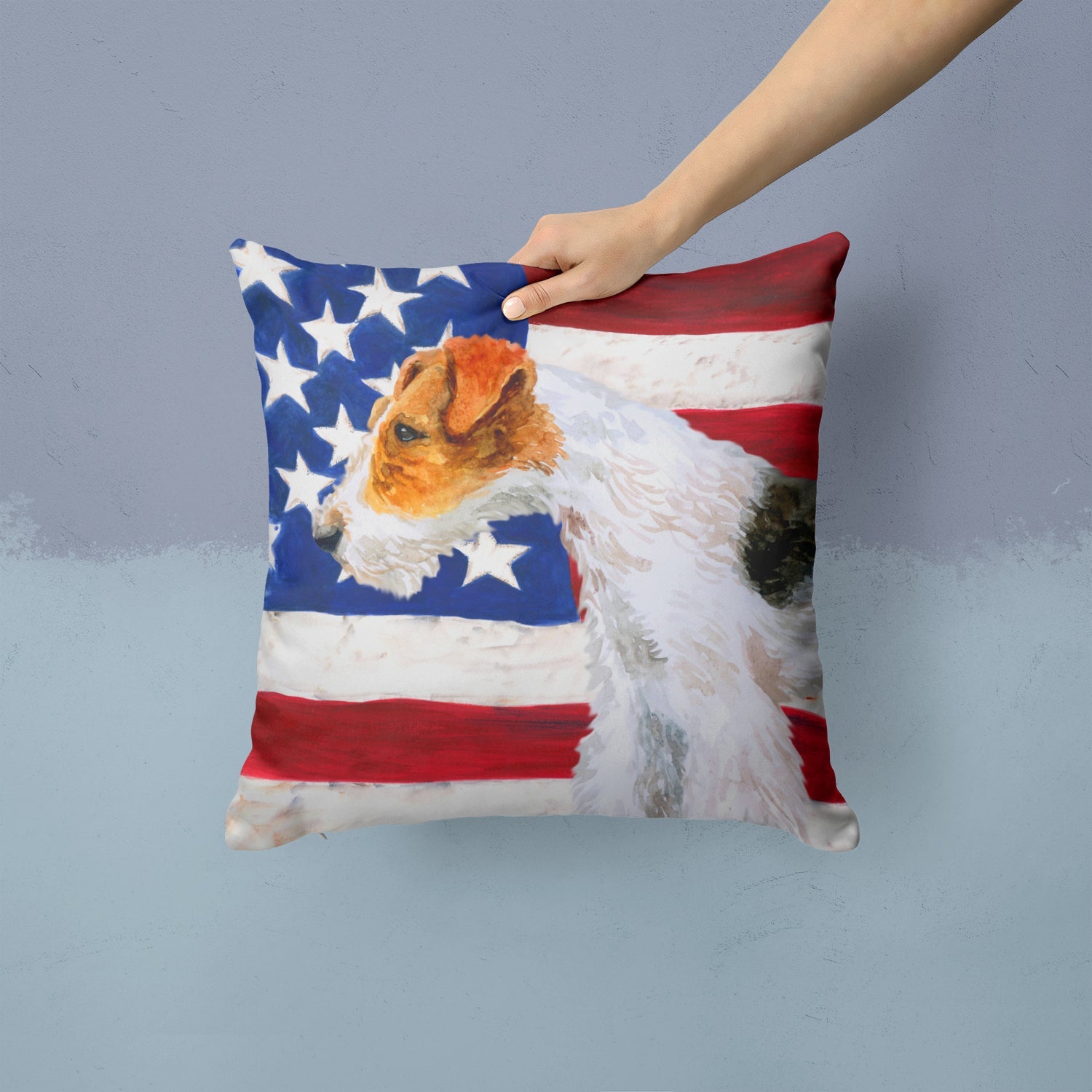 Fox Terrier Patriotic Decorative Throw Pillow 14x14 Indoor Outdoor Accent Cushion, Fabric Cover with Insert for Sofa, Bed, Porch & Living Room