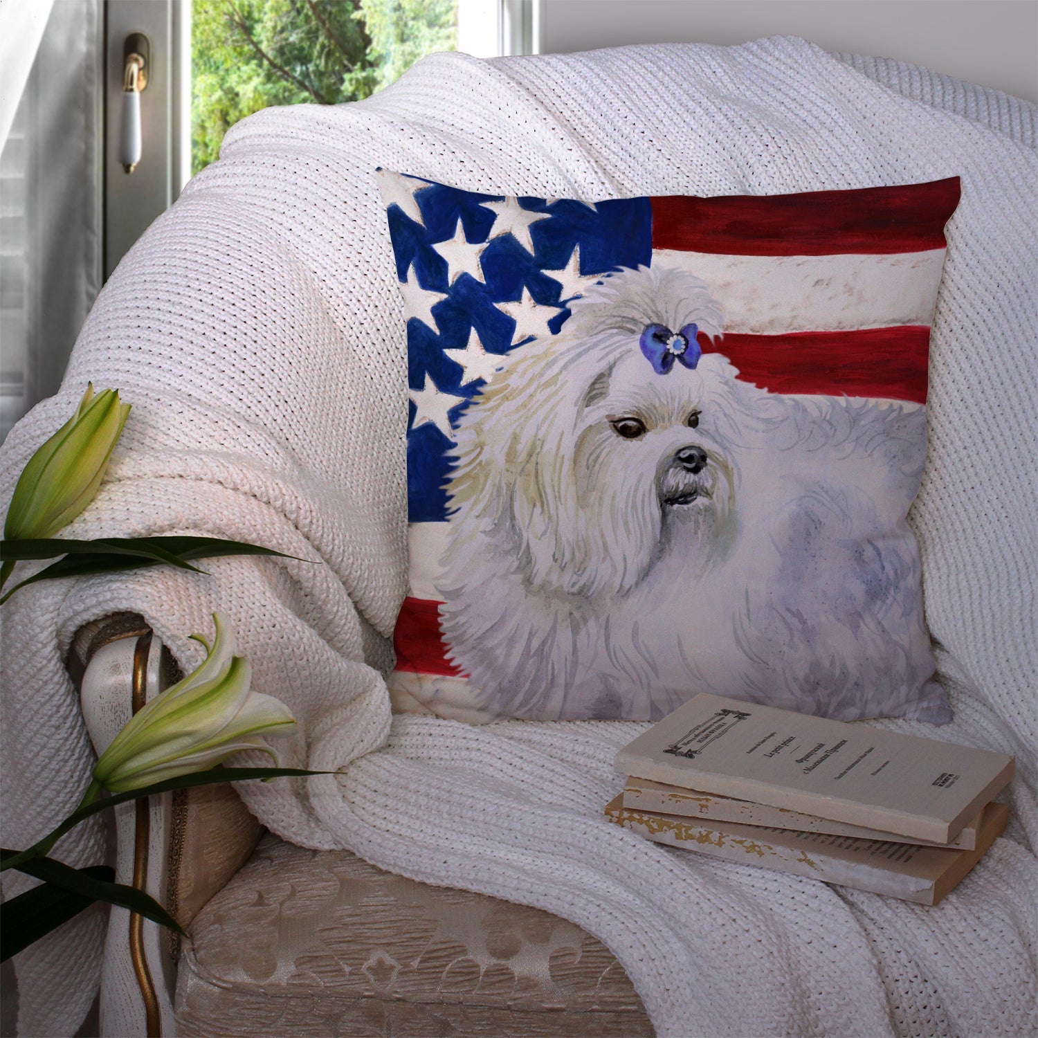 Maltese Patriotic Decorative Throw Pillow 14x14 Indoor Outdoor Accent Cushion, Fabric Cover with Insert for Sofa, Bed, Porch & Living Room