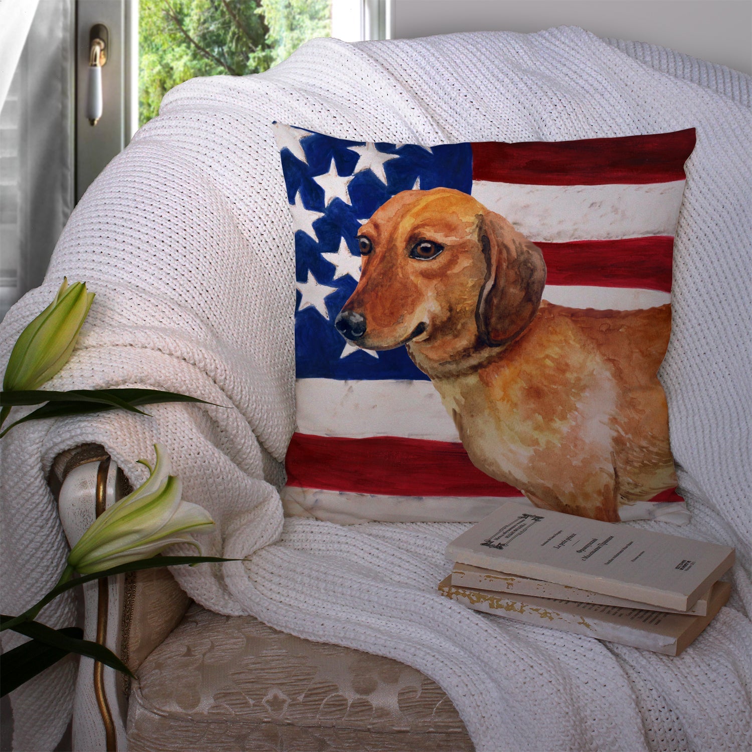 Dachshund Patriotic Decorative Throw Pillow 14x14 Indoor Outdoor Accent Cushion, Fabric Cover with Insert for Sofa, Bed, Porch & Living Room