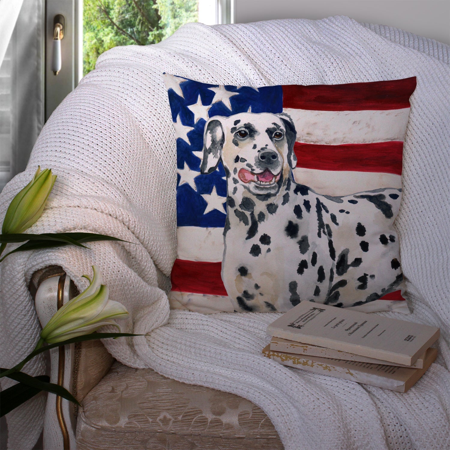 Dalmatian Patriotic Decorative Throw Pillow 14x14 Indoor Outdoor Accent Cushion, Fabric Cover with Insert for Sofa, Bed, Porch & Living Room