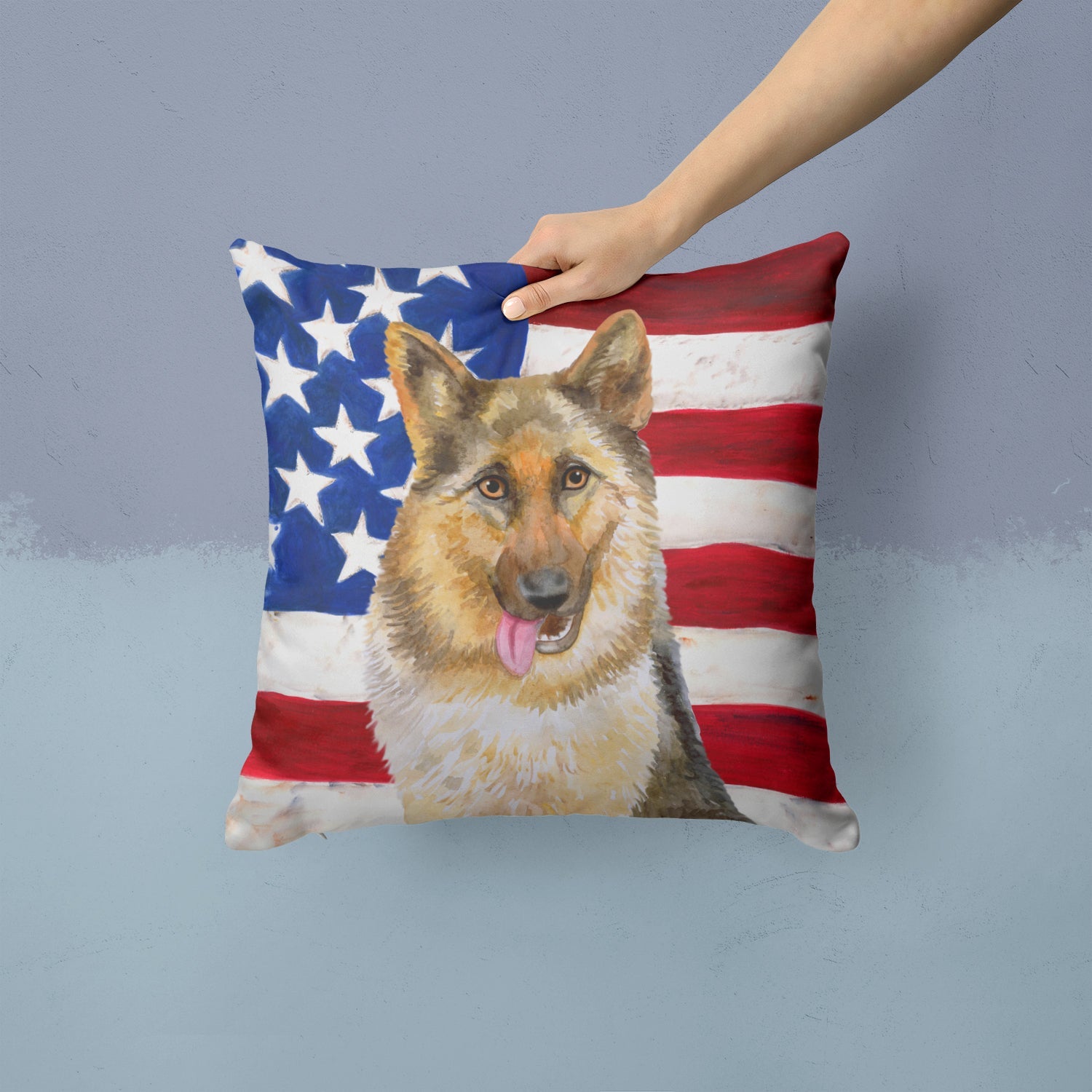 German Shepherd Patriotic Decorative Throw Pillow 14x14 Indoor Outdoor Accent Cushion, Fabric Cover with Insert for Sofa, Bed, Porch & Living Room