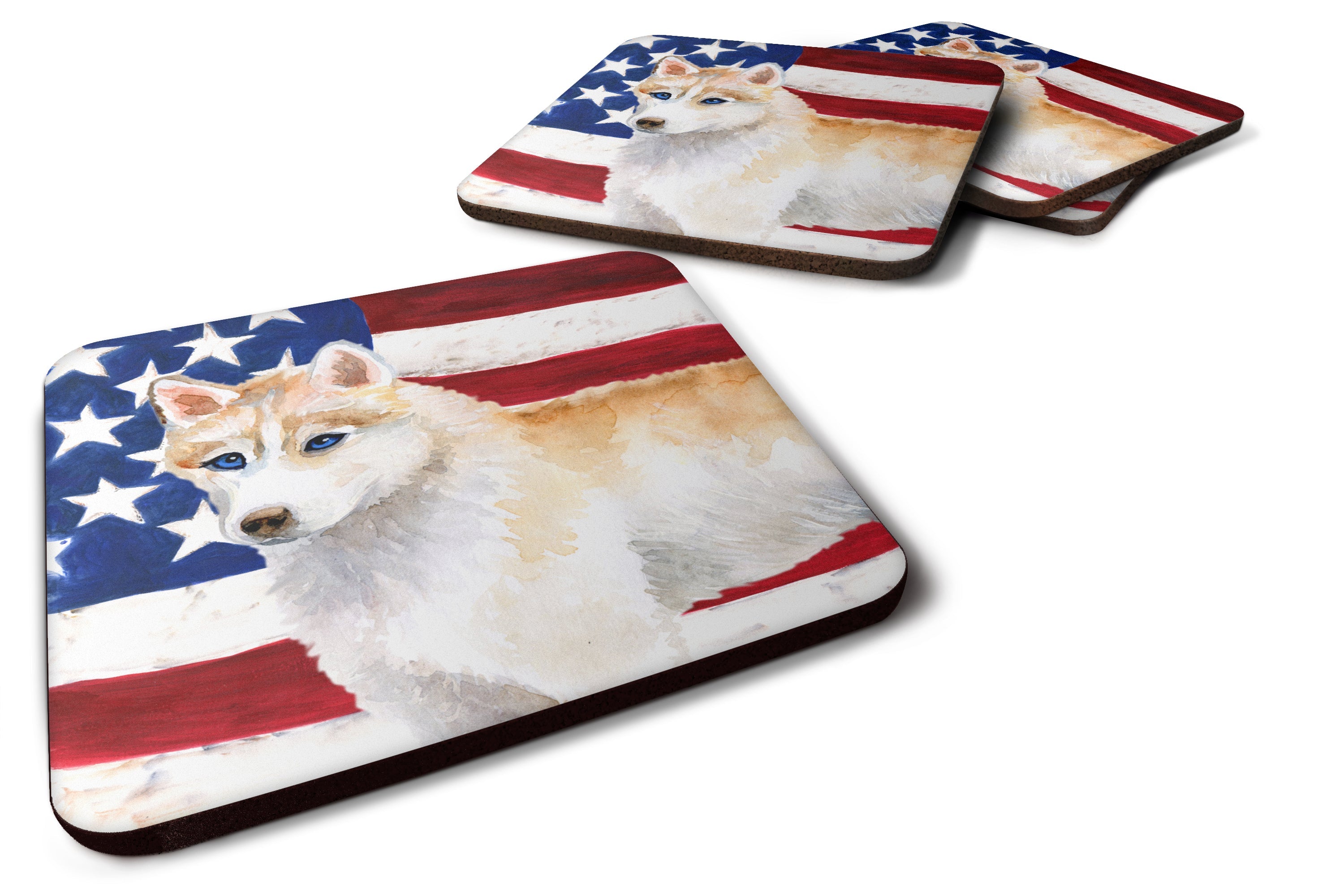 Siberian Husky Patriotic Foam Coasters Set of 4 Cup Coasters for Indoor Outdoor, Tabletop Protection, Anti Slip, Mouse pad Material