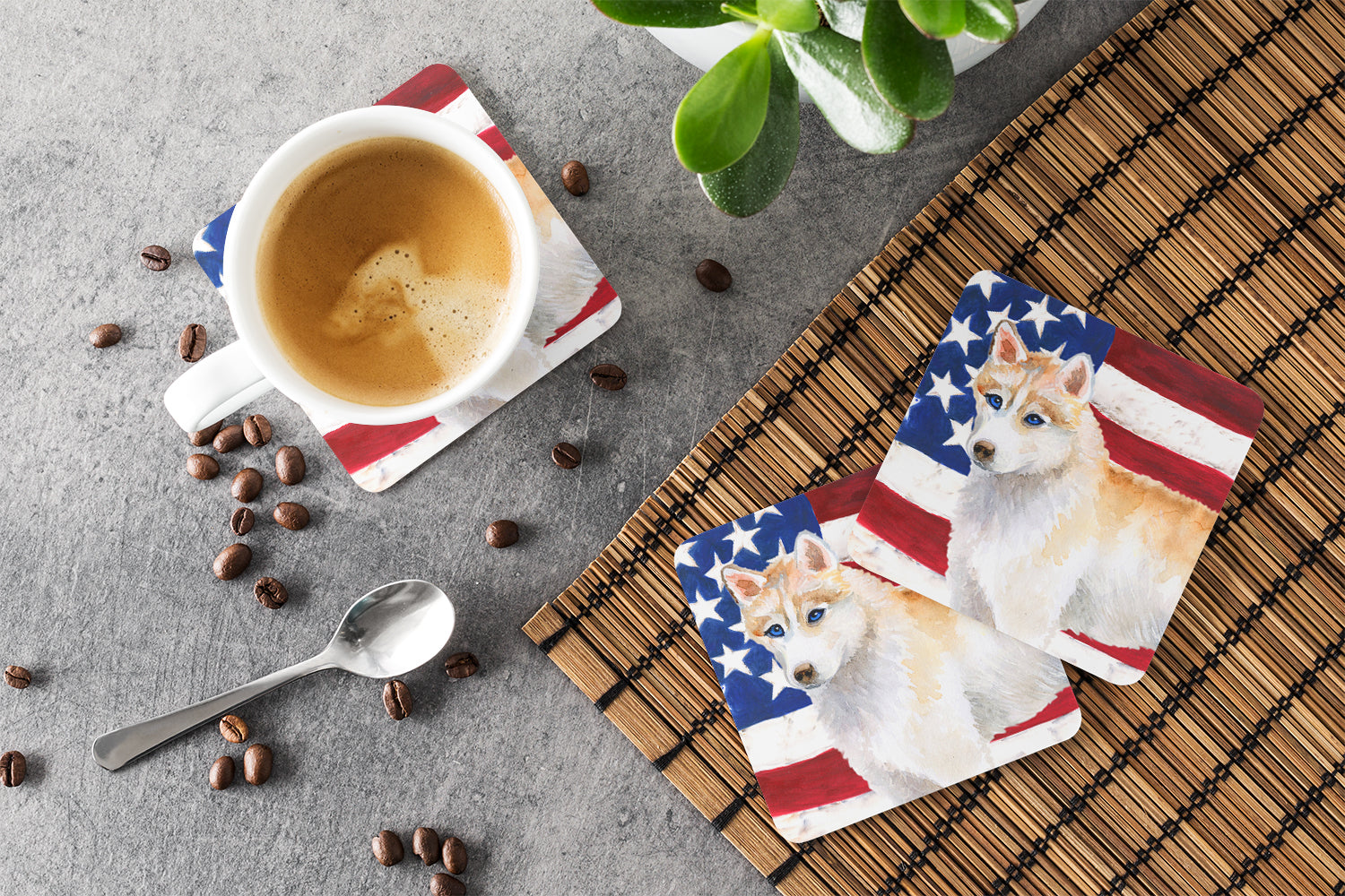 Siberian Husky Patriotic Foam Coasters Set of 4 Cup Coasters for Indoor Outdoor, Tabletop Protection, Anti Slip, Mouse pad Material