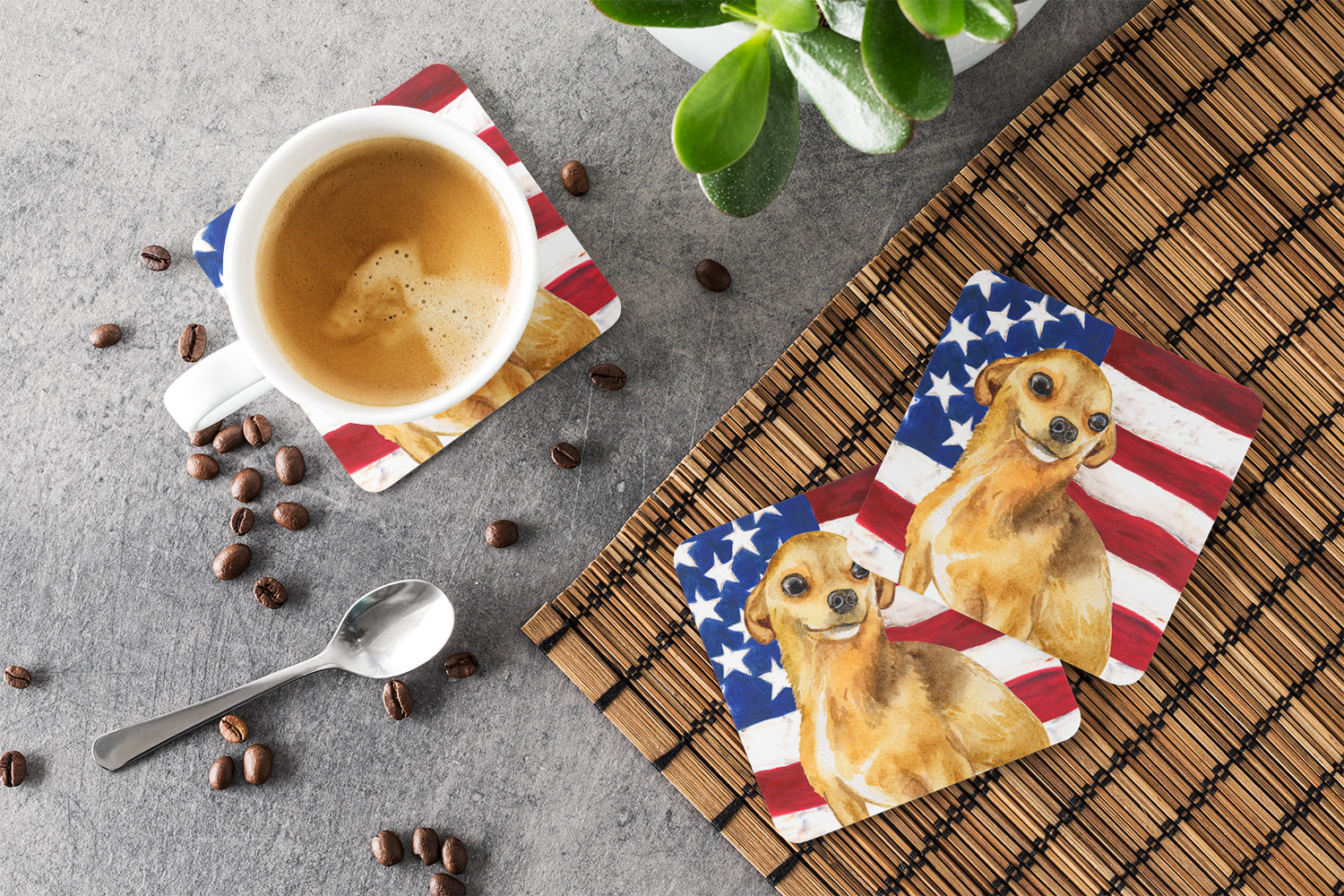 Chihuahua Patriotic Foam Coasters Set of 4 Cup Coasters for Indoor Outdoor, Tabletop Protection, Anti Slip, Mouse pad Material