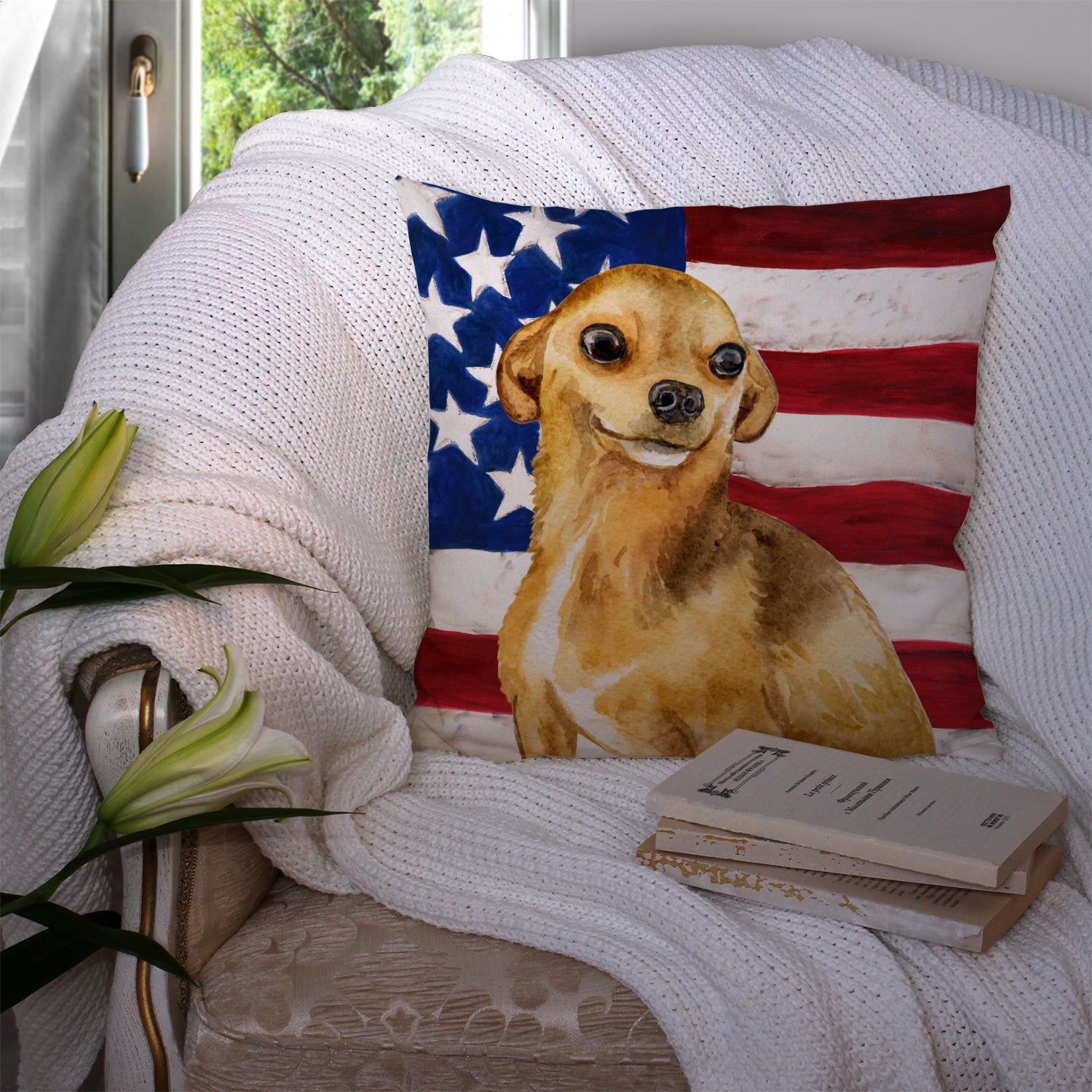 Chihuahua Patriotic Decorative Throw Pillow 14x14 Indoor Outdoor Accent Cushion, Fabric Cover with Insert for Sofa, Bed, Porch & Living Room