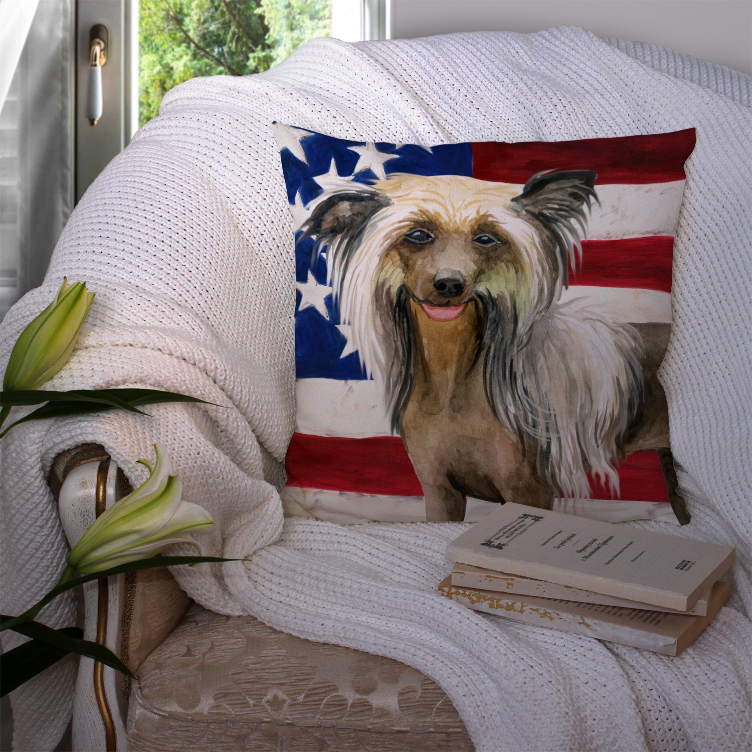 Chinese Crested Patriotic Decorative Throw Pillow 14x14 Indoor Outdoor Accent Cushion, Fabric Cover with Insert for Sofa, Bed, Porch & Living Room