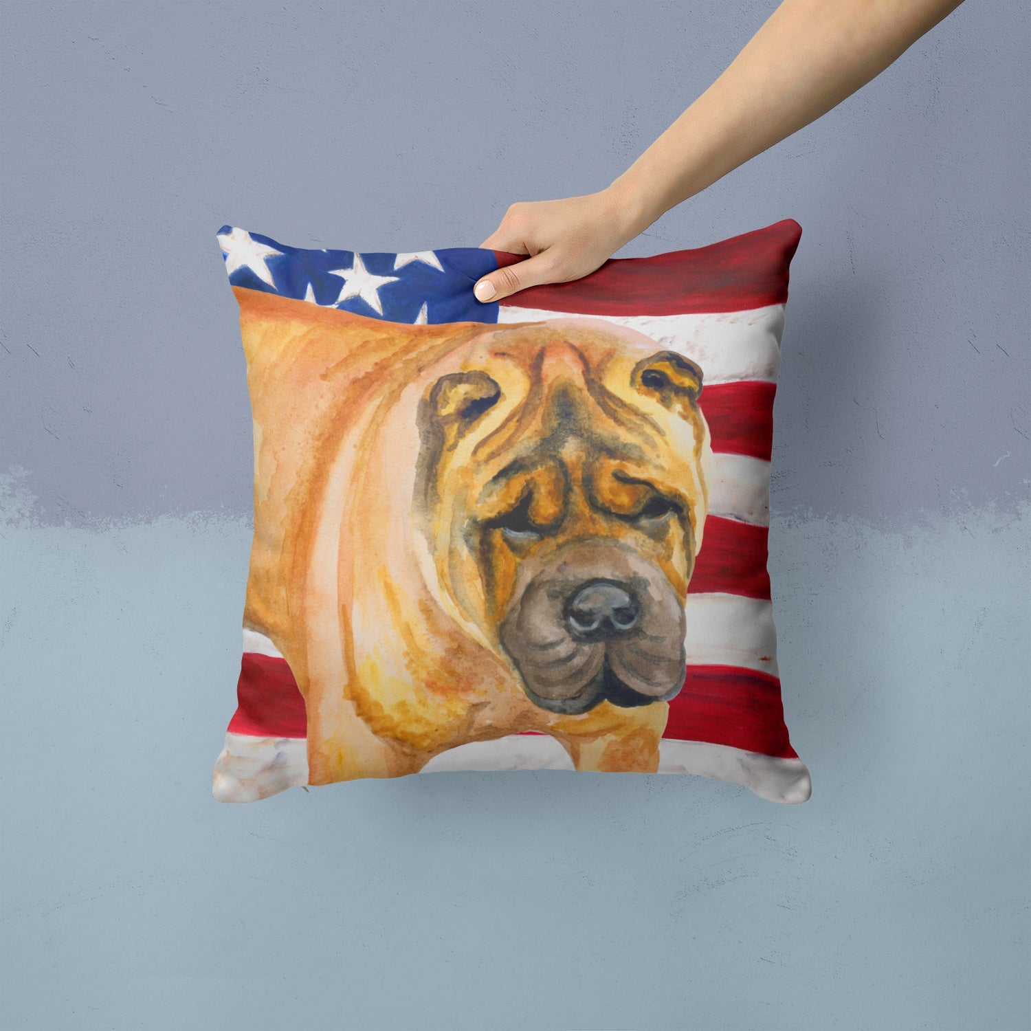 Shar Pei Patriotic Decorative Throw Pillow 14x14 Indoor Outdoor Accent Cushion, Fabric Cover with Insert for Sofa, Bed, Porch & Living Room