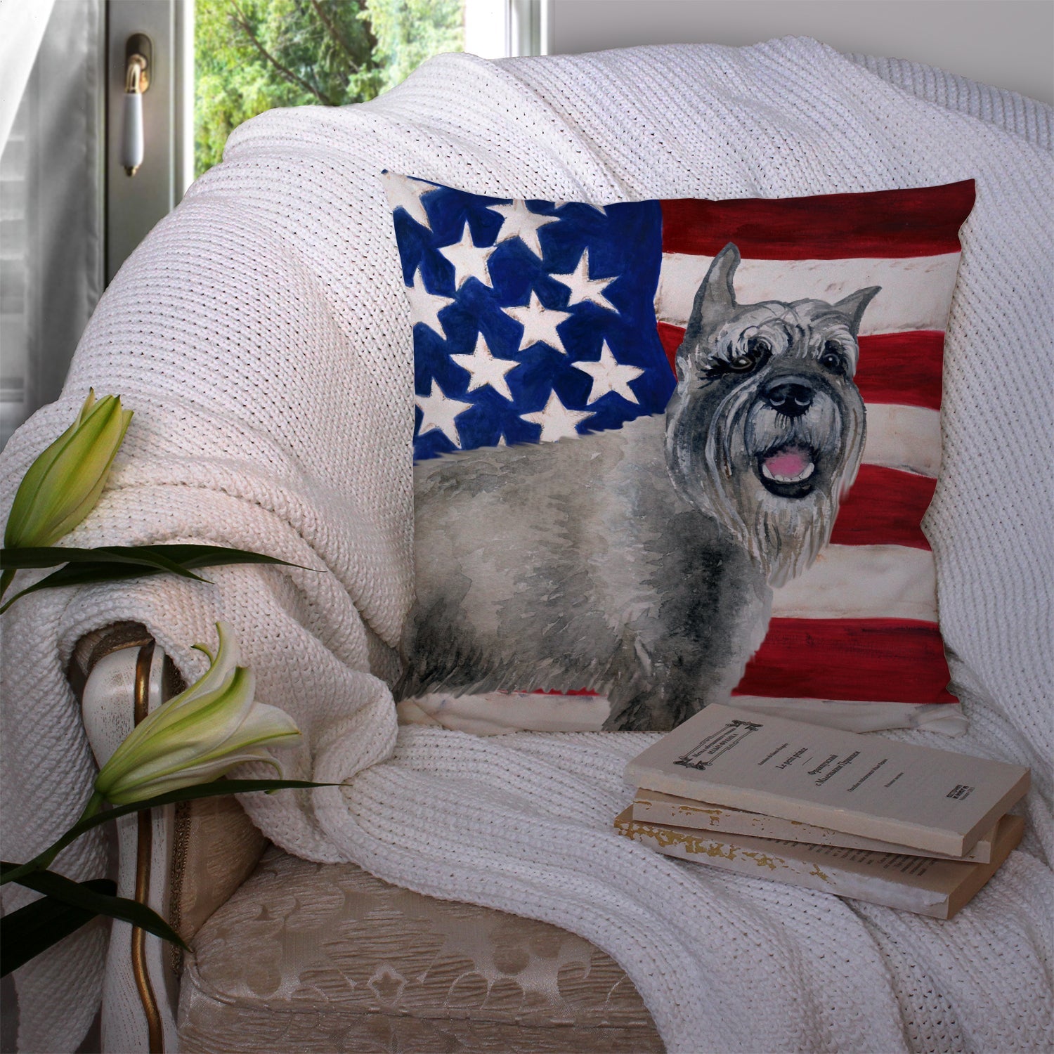 Schnauzer Patriotic Decorative Throw Pillow 14x14 Indoor Outdoor Accent Cushion, Fabric Cover with Insert for Sofa, Bed, Porch & Living Room