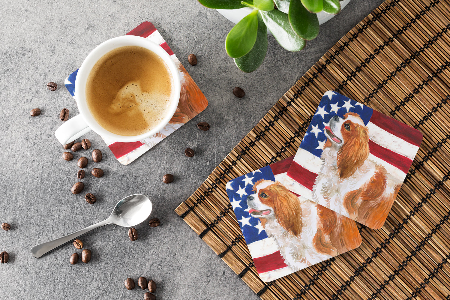 Cavalier Spaniel Patriotic Foam Coasters Set of 4 Cup Coasters for Indoor Outdoor, Tabletop Protection, Anti Slip, Mouse pad Material