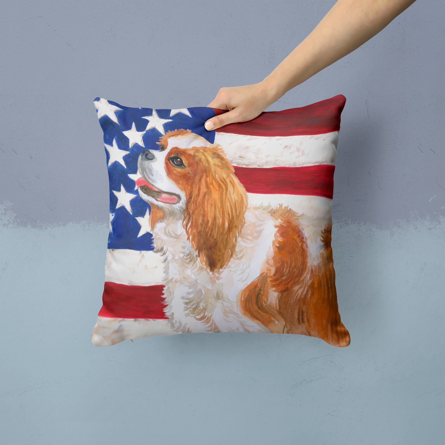 Cavalier Spaniel Patriotic Decorative Throw Pillow 14x14 Indoor Outdoor Accent Cushion, Fabric Cover with Insert for Sofa, Bed, Porch & Living Room