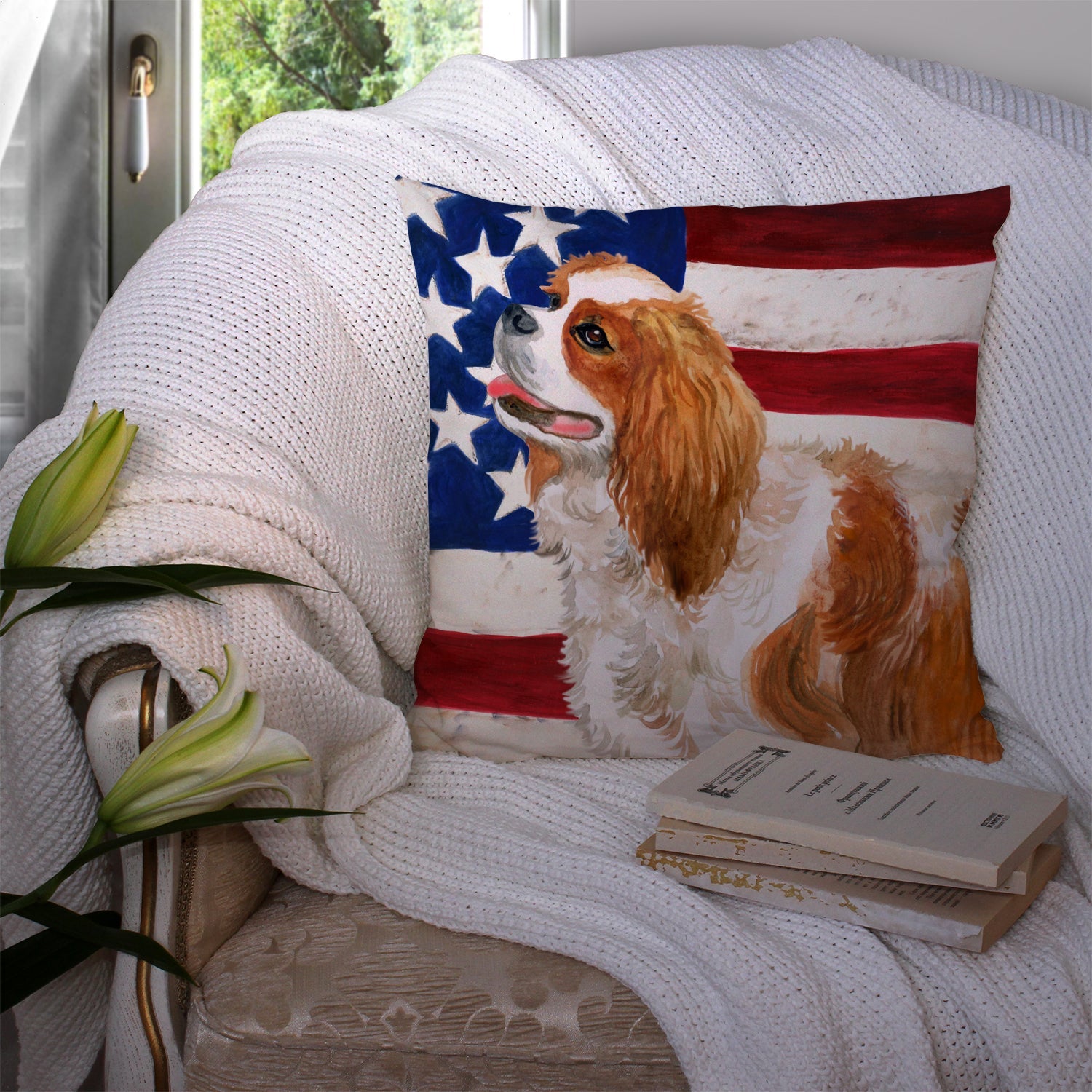 Cavalier Spaniel Patriotic Decorative Throw Pillow 14x14 Indoor Outdoor Accent Cushion, Fabric Cover with Insert for Sofa, Bed, Porch & Living Room