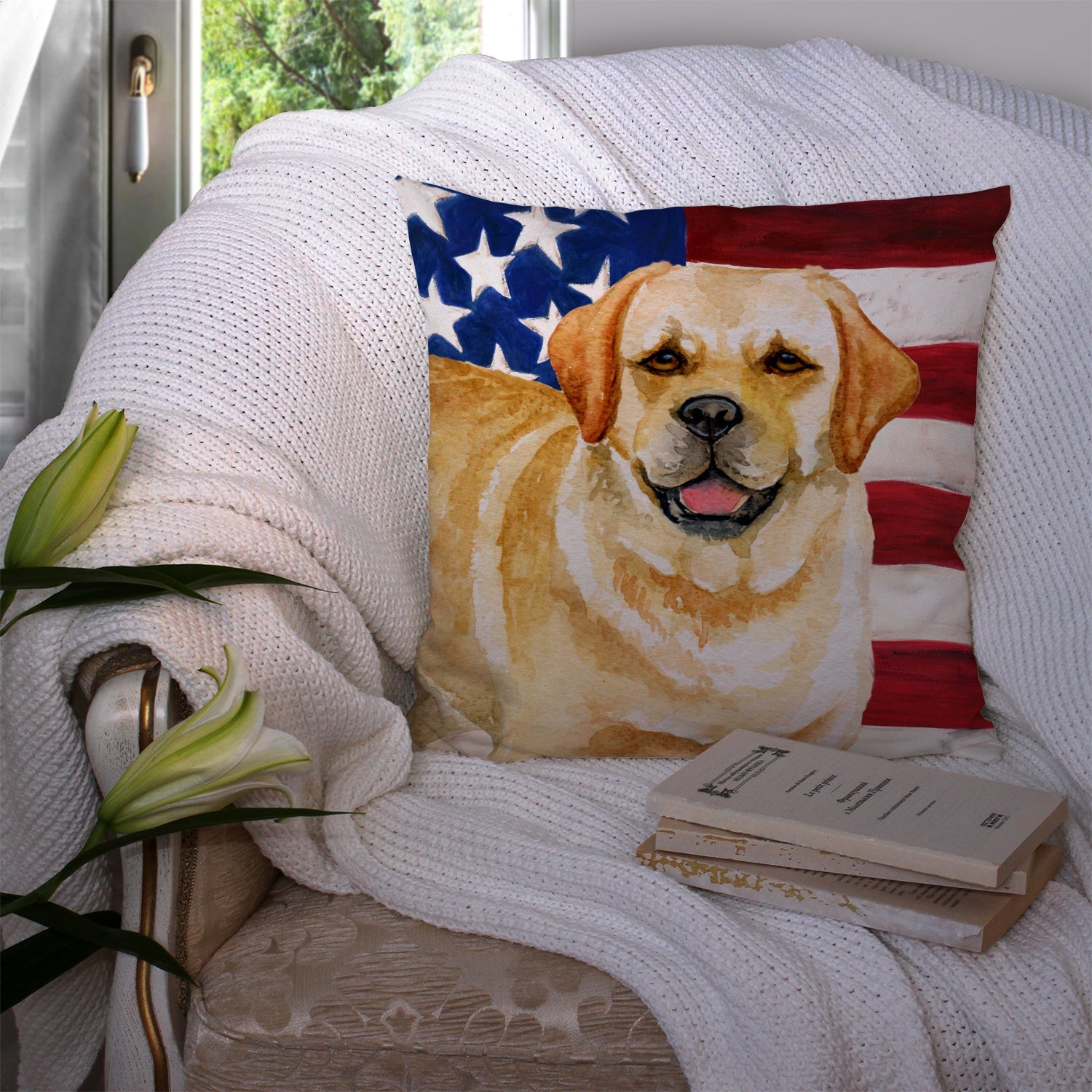 Golden Retriever Patriotic Decorative Throw Pillow 14x14 Indoor Outdoor Accent Cushion, Fabric Cover with Insert for Sofa, Bed, Porch & Living Room