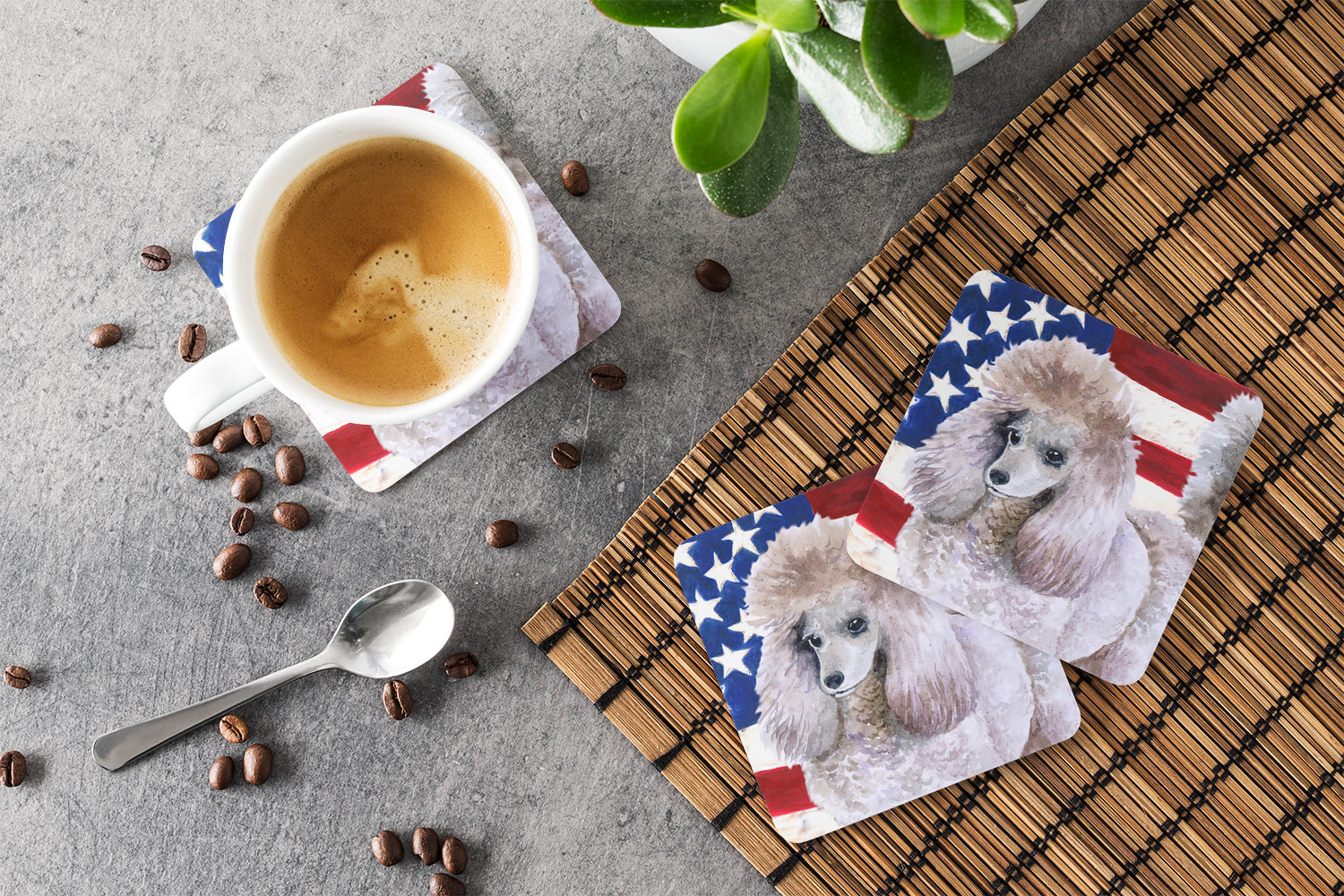 Poodle Patriotic Foam Coasters Set of 4 Cup Coasters for Indoor Outdoor, Tabletop Protection, Anti Slip, Mouse pad Material