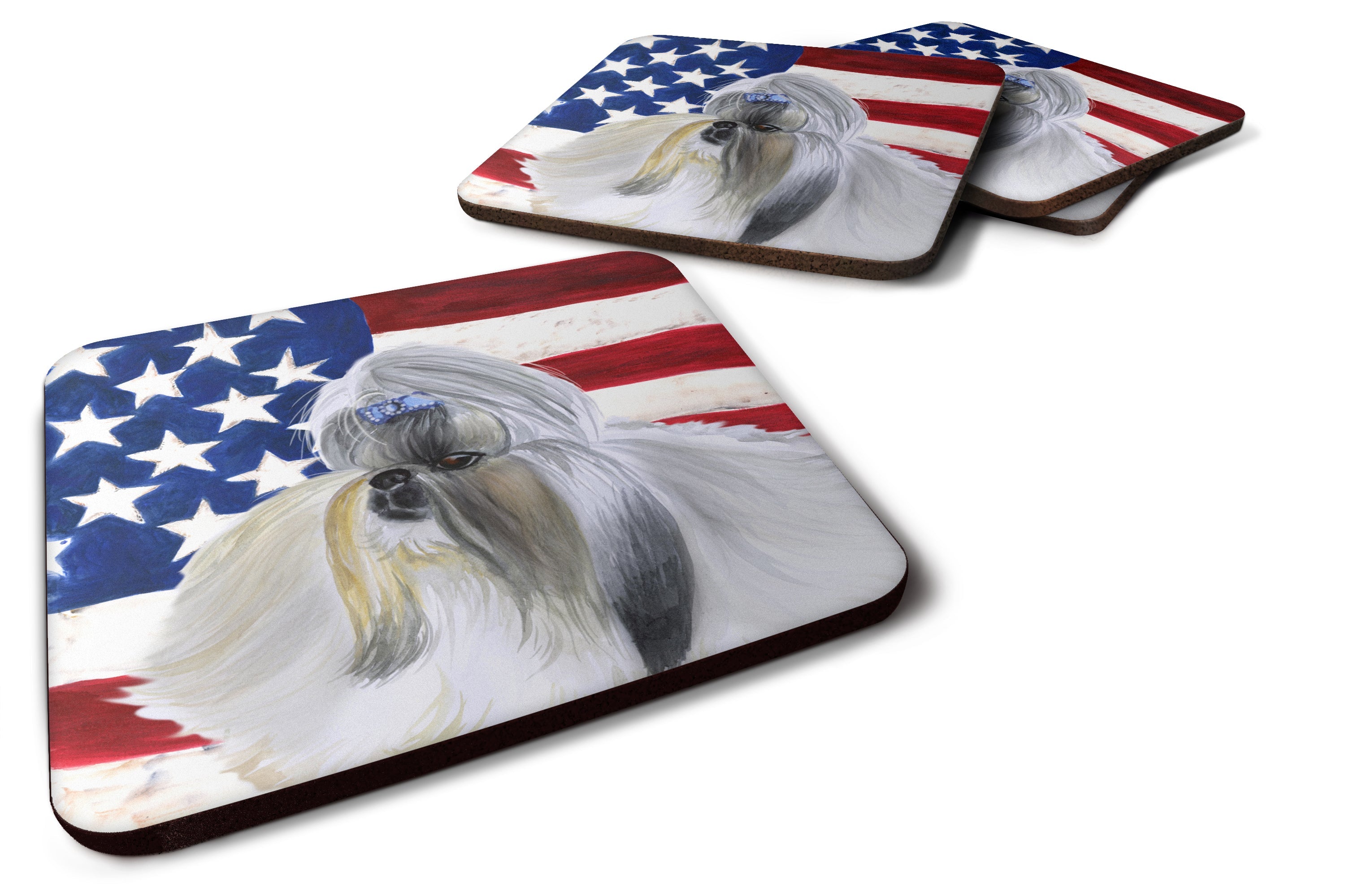 Shih Tzu Patriotic Foam Coasters Set of 4 Cup Coasters for Indoor Outdoor, Tabletop Protection, Anti Slip, Mouse pad Material