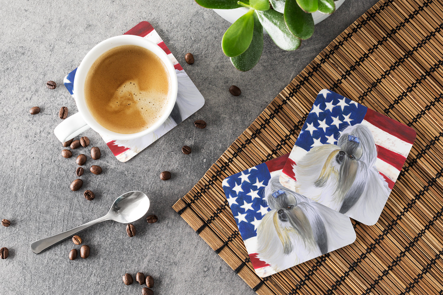 Shih Tzu Patriotic Foam Coasters Set of 4 Cup Coasters for Indoor Outdoor, Tabletop Protection, Anti Slip, Mouse pad Material