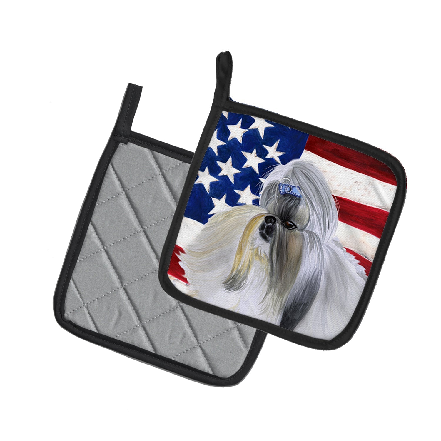 Shih Tzu Patriotic Pot Holder Set of 2 Heat Resistant Quilted Hot Pads 7.5 x 7.5 Inch, Insulated Kitchen Trivets for Cooking & Baking