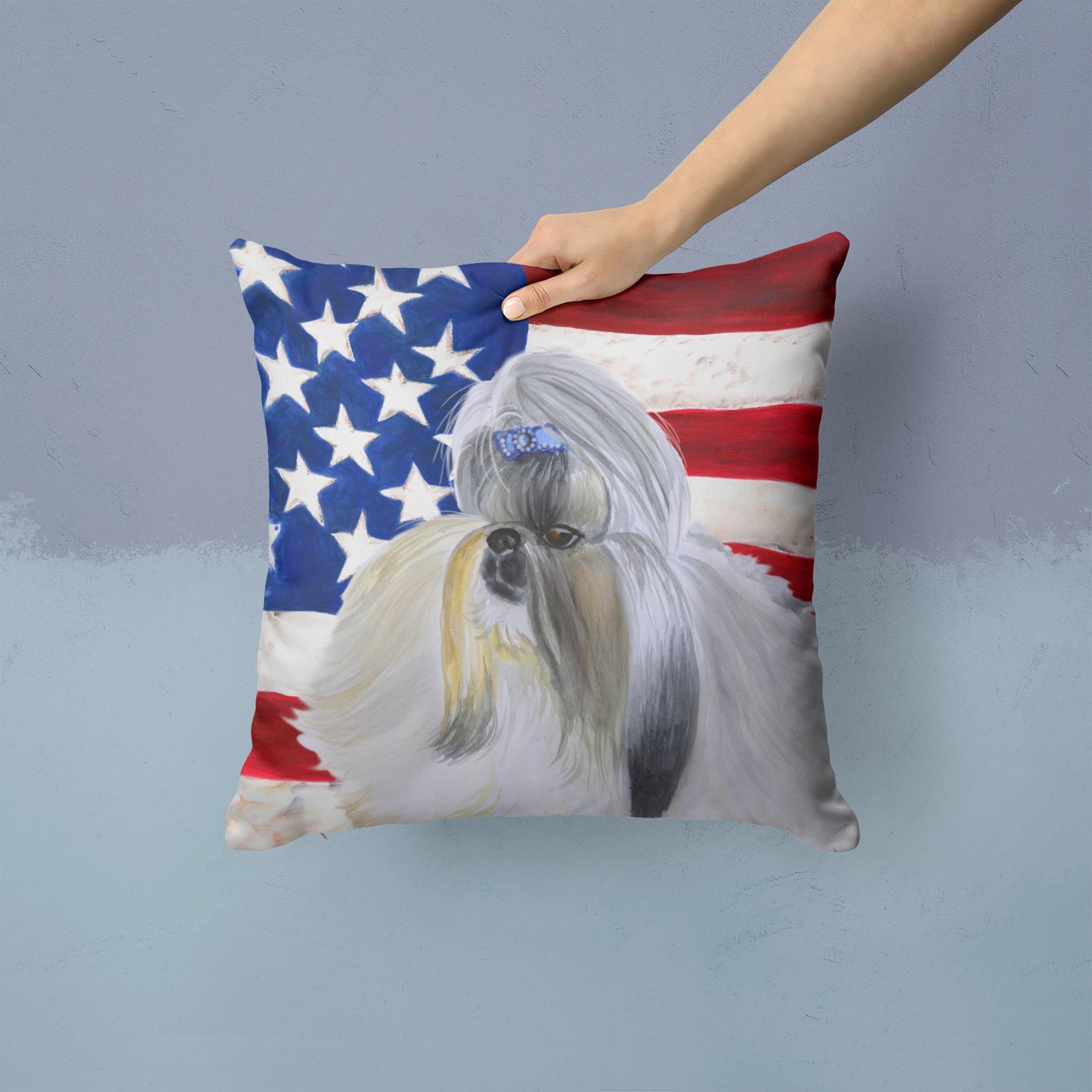 Shih Tzu Patriotic Decorative Throw Pillow 14x14 Indoor Outdoor Accent Cushion, Fabric Cover with Insert for Sofa, Bed, Porch & Living Room