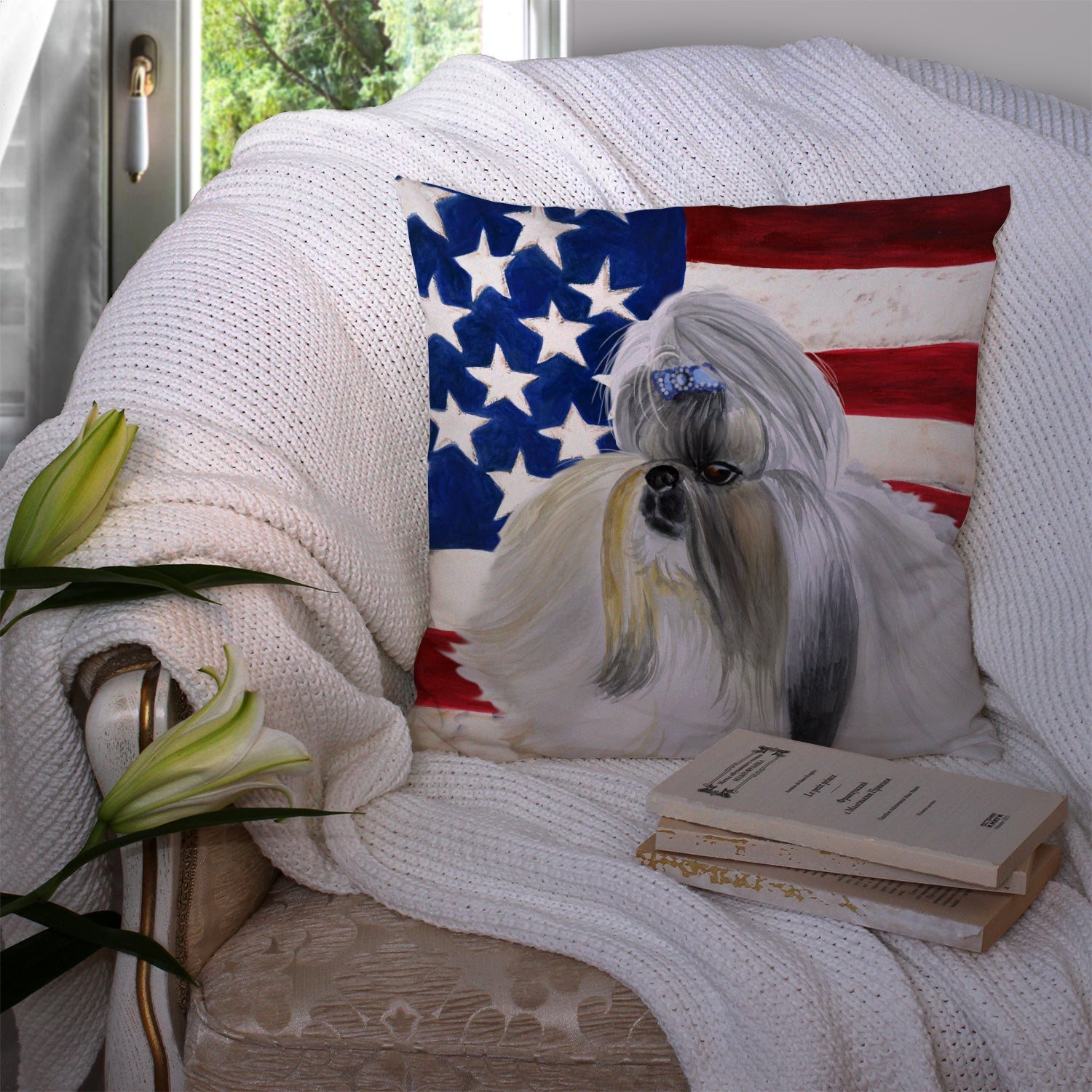 Shih Tzu Patriotic Decorative Throw Pillow 14x14 Indoor Outdoor Accent Cushion, Fabric Cover with Insert for Sofa, Bed, Porch & Living Room