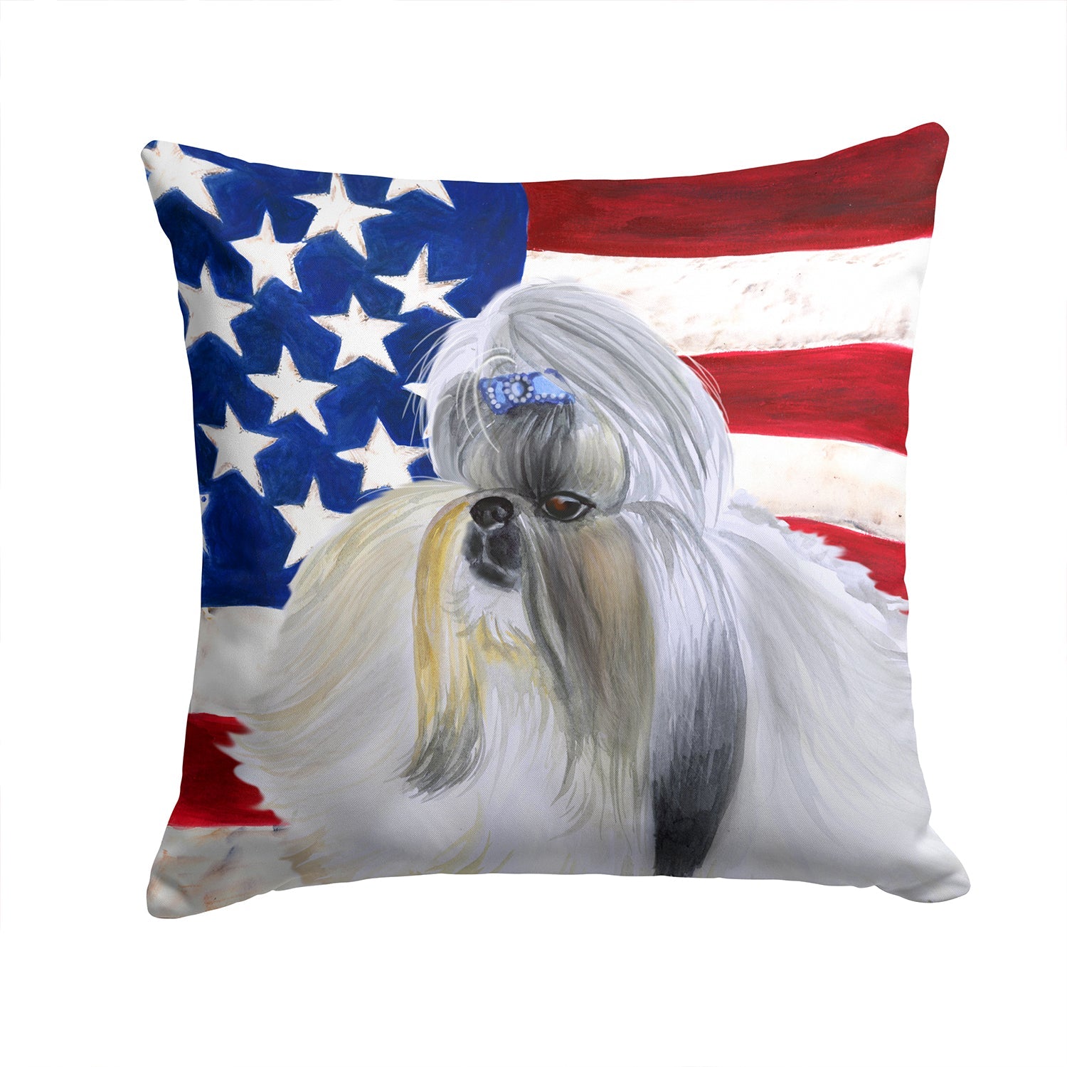 Shih Tzu Patriotic Decorative Throw Pillow 14x14 Indoor Outdoor Accent Cushion, Fabric Cover with Insert for Sofa, Bed, Porch & Living Room