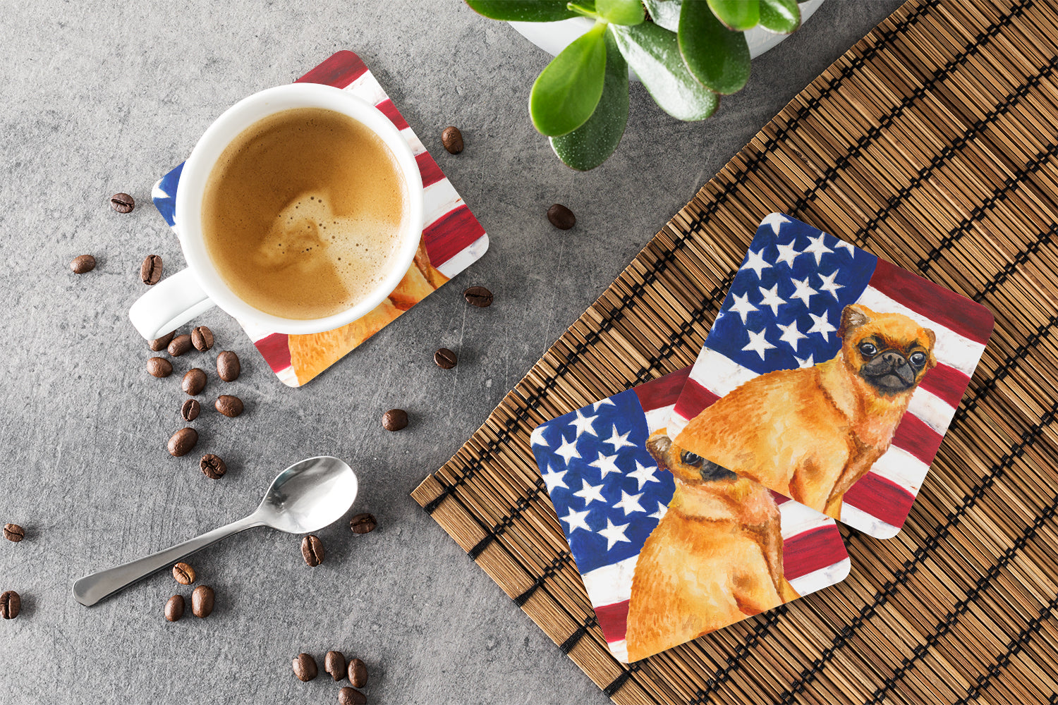 Small Brabant Griffon Patriotic Foam Coasters Set of 4 Cup Coasters for Indoor Outdoor, Tabletop Protection, Anti Slip, Mouse pad Material
