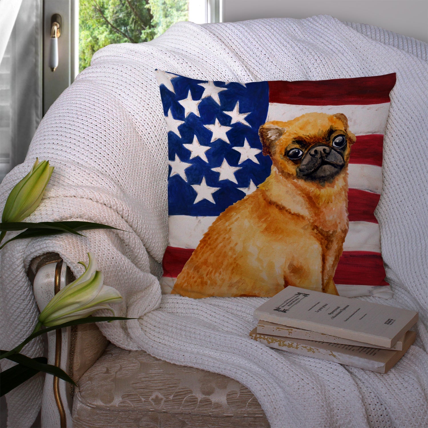 Small Brabant Griffon Patriotic Decorative Throw Pillow 14x14 Indoor Outdoor Accent Cushion, Fabric Cover with Insert for Sofa, Bed, Porch & Living Room