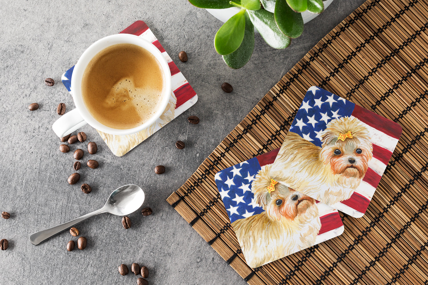 Morkie Patriotic Foam Coasters Set of 4 Cup Coasters for Indoor Outdoor, Tabletop Protection, Anti Slip, Mouse pad Material