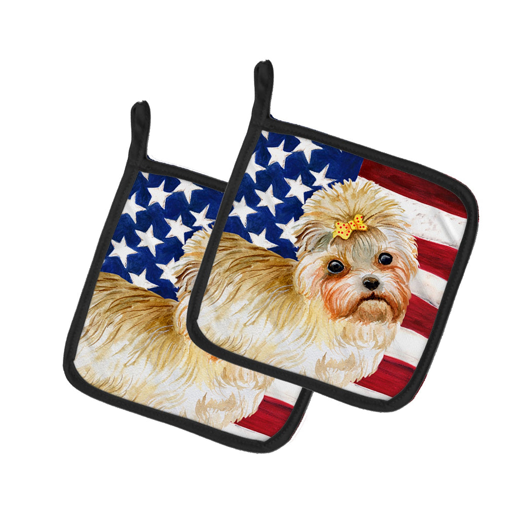 Morkie Patriotic Pot Holder Set of 2 Heat Resistant Quilted Hot Pads 7.5 x 7.5 Inch, Insulated Kitchen Trivets for Cooking & Baking