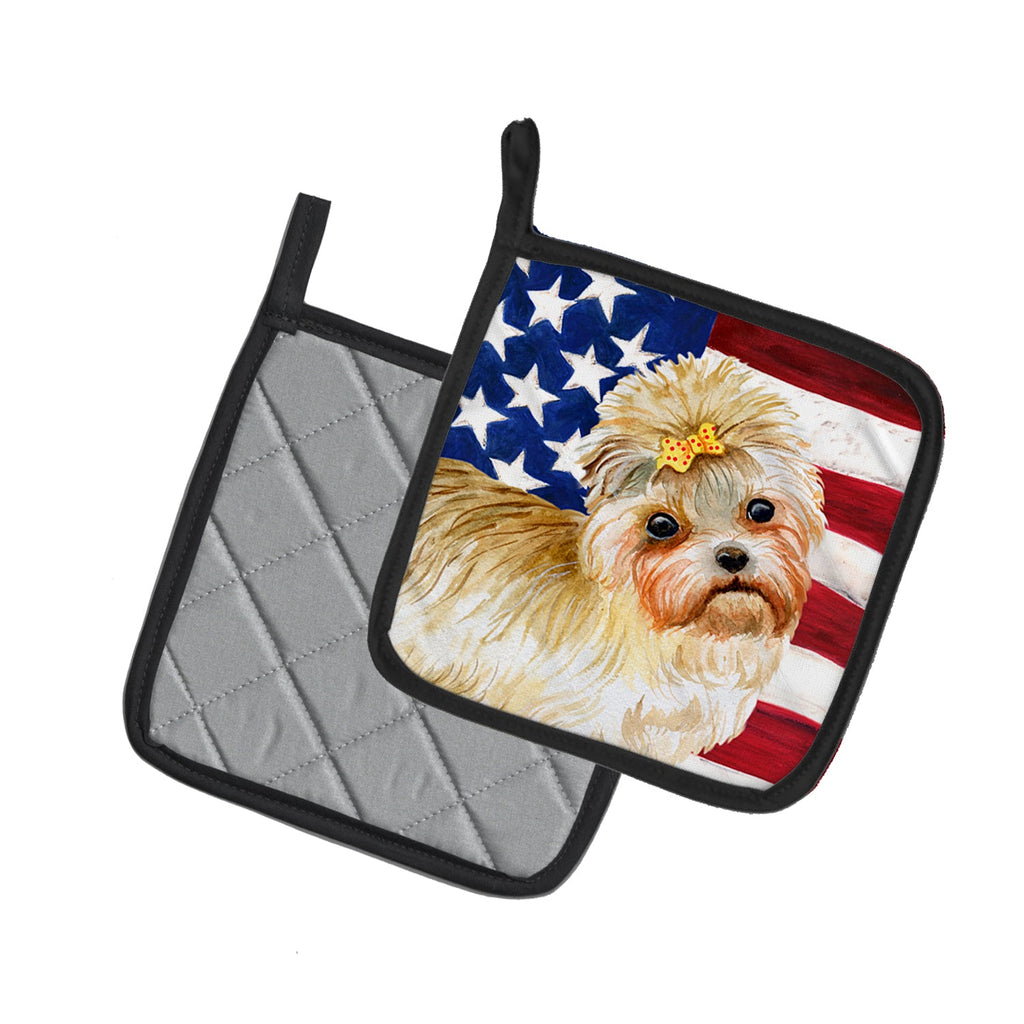 Morkie Patriotic Pot Holder Set of 2 Heat Resistant Quilted Hot Pads 7.5 x 7.5 Inch, Insulated Kitchen Trivets for Cooking & Baking