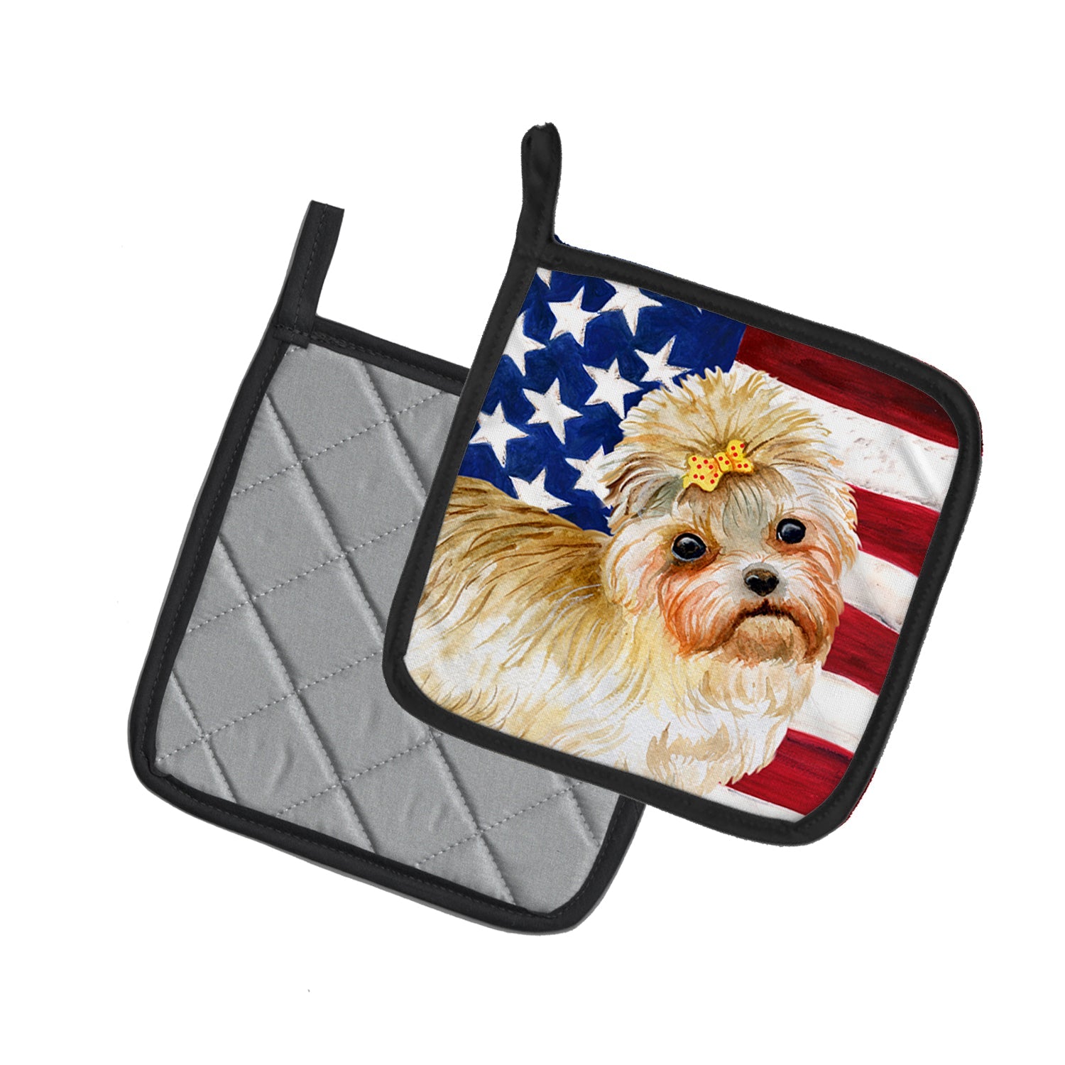 Morkie Patriotic Pot Holder Set of 2 Heat Resistant Quilted Hot Pads 7.5 x 7.5 Inch, Insulated Kitchen Trivets for Cooking & Baking