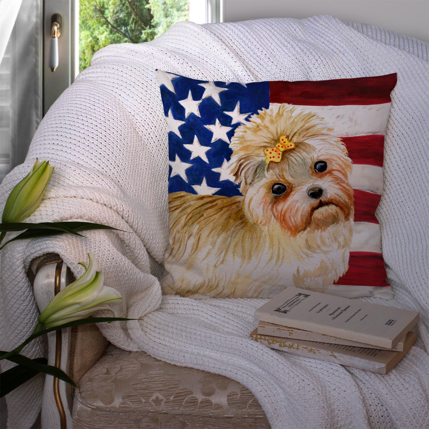 Morkie Patriotic Decorative Throw Pillow 14x14 Indoor Outdoor Accent Cushion, Fabric Cover with Insert for Sofa, Bed, Porch & Living Room