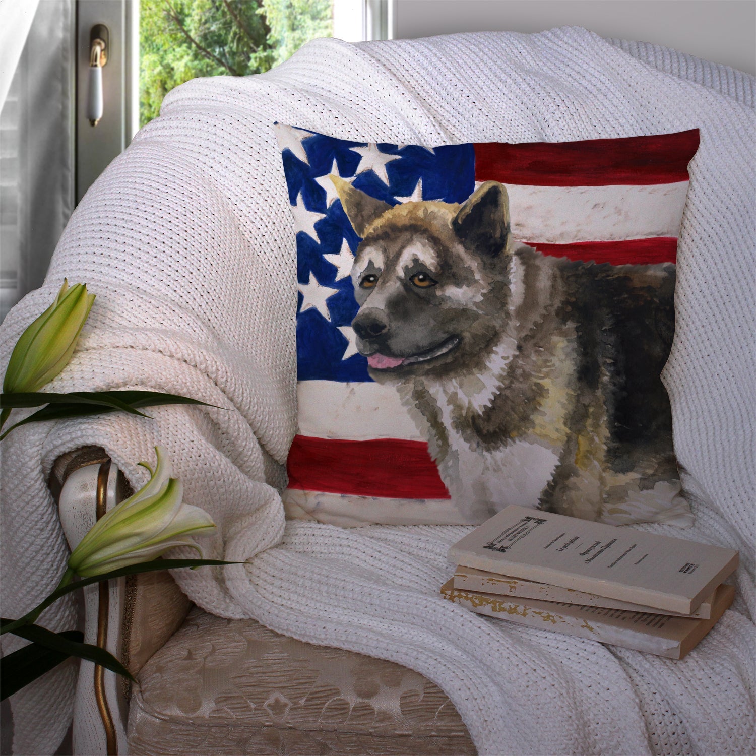 American Akita Patriotic Decorative Throw Pillow 14x14 Indoor Outdoor Accent Cushion, Fabric Cover with Insert for Sofa, Bed, Porch & Living Room