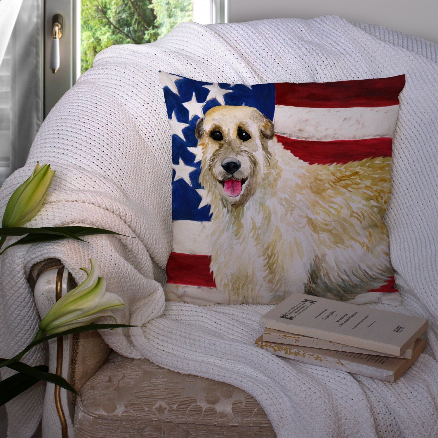 Irish Wolfhound Patriotic Decorative Throw Pillow 14x14 Indoor Outdoor Accent Cushion, Fabric Cover with Insert for Sofa, Bed, Porch & Living Room