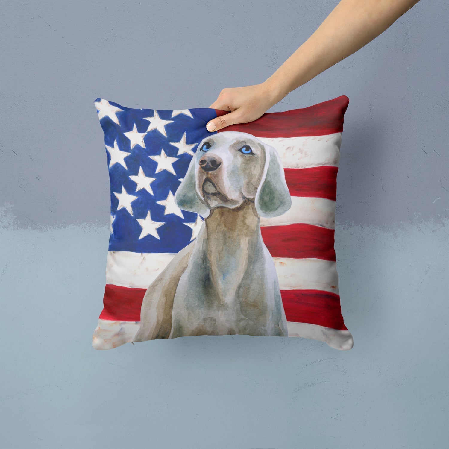 Weimaraner Patriotic Decorative Throw Pillow 14x14 Indoor Outdoor Accent Cushion, Fabric Cover with Insert for Sofa, Bed, Porch & Living Room