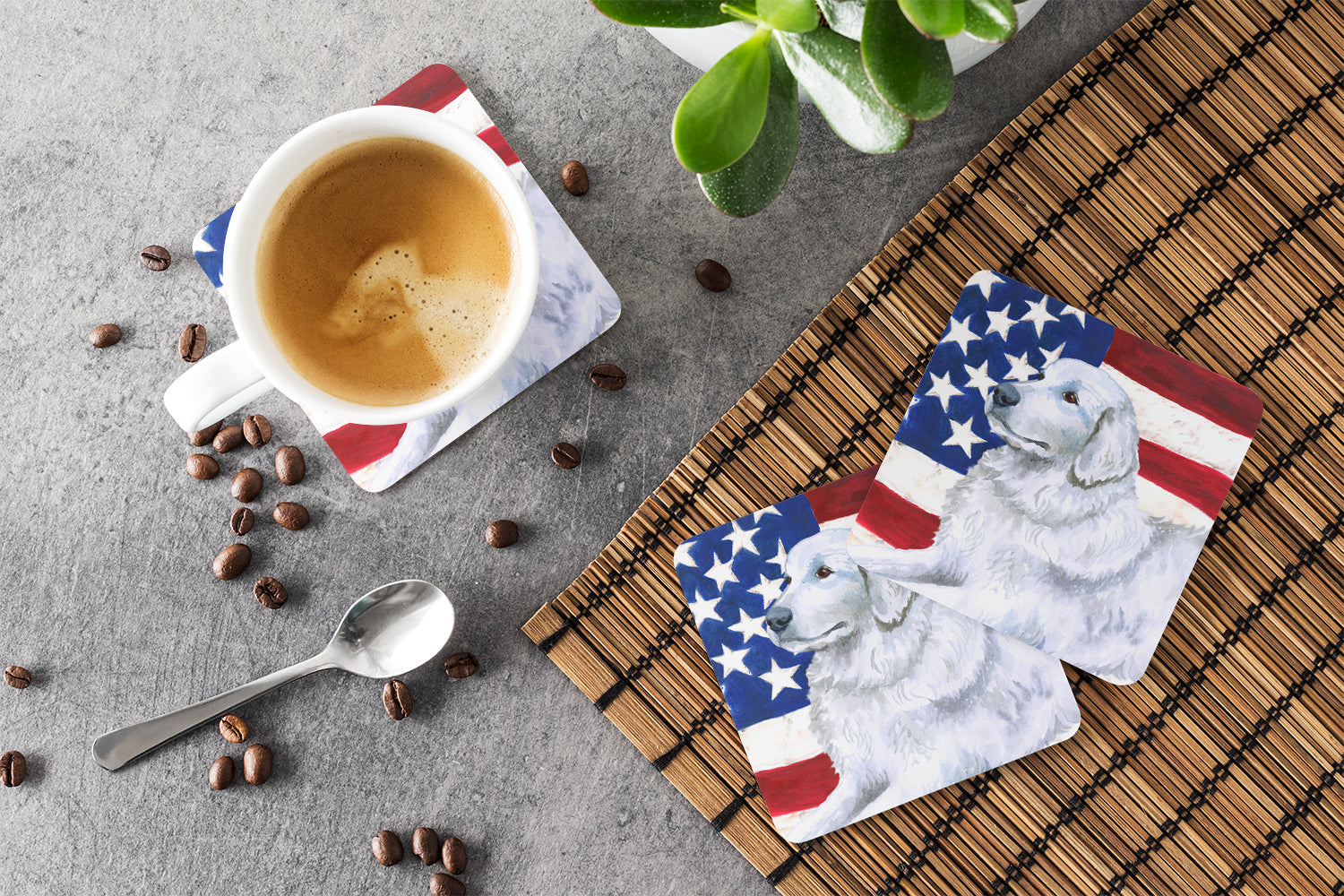 Maremma Sheepdog Patriotic Foam Coasters Set of 4 Cup Coasters for Indoor Outdoor, Tabletop Protection, Anti Slip, Mouse pad Material