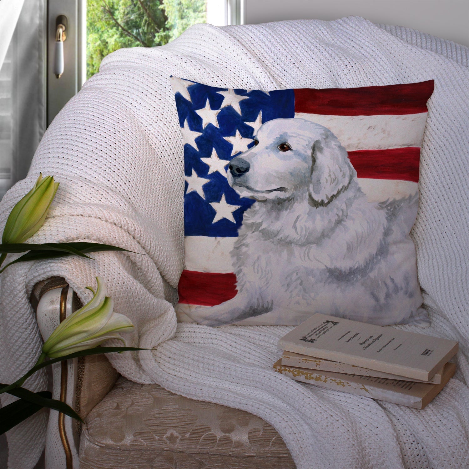 Maremma Sheepdog Patriotic Decorative Throw Pillow 14x14 Indoor Outdoor Accent Cushion, Fabric Cover with Insert for Sofa, Bed, Porch & Living Room