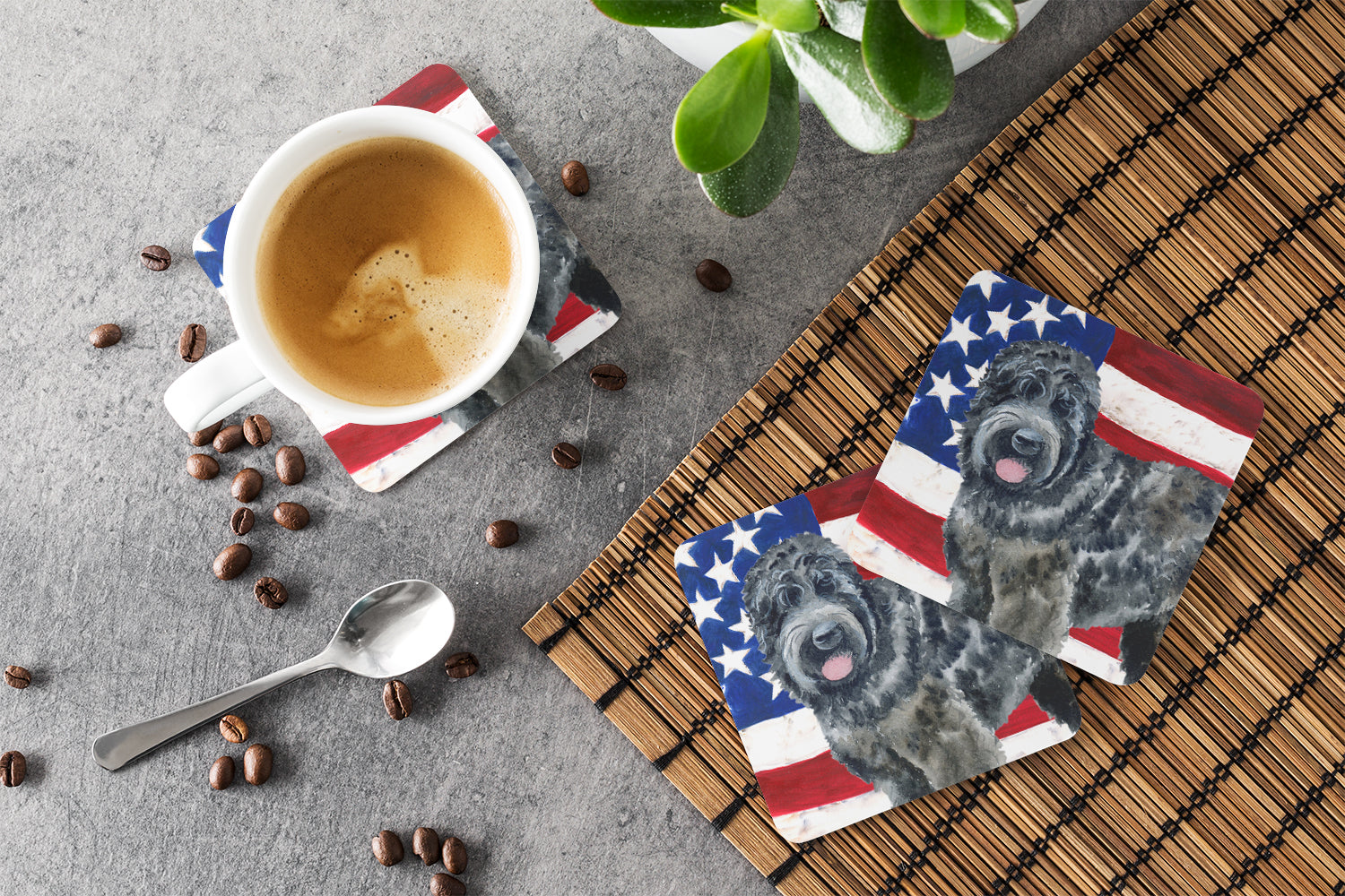 Black Russian Terrier Patriotic Foam Coasters Set of 4 Cup Coasters for Indoor Outdoor, Tabletop Protection, Anti Slip, Mouse pad Material