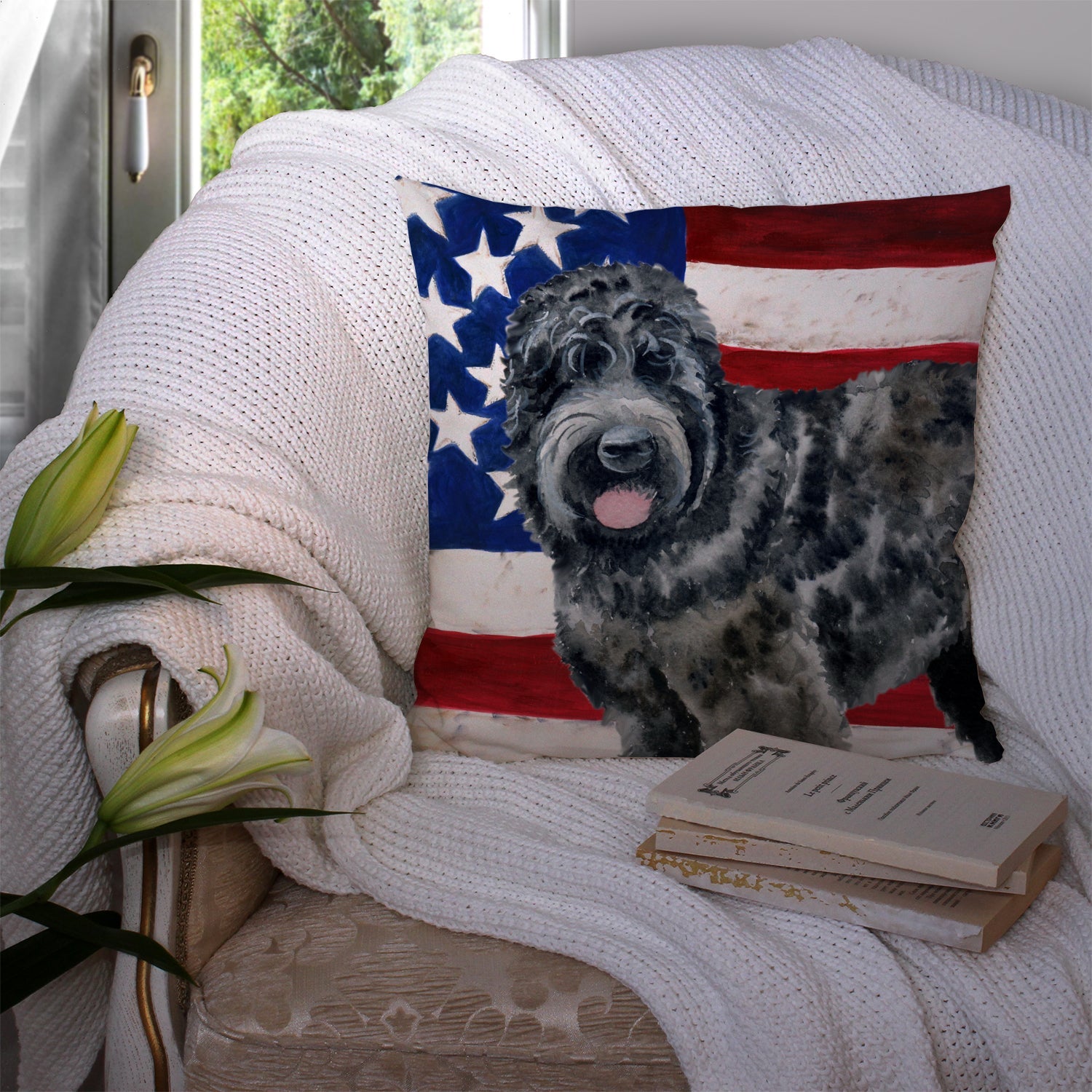 Black Russian Terrier Patriotic Decorative Throw Pillow 14x14 Indoor Outdoor Accent Cushion, Fabric Cover with Insert for Sofa, Bed, Porch & Living Room
