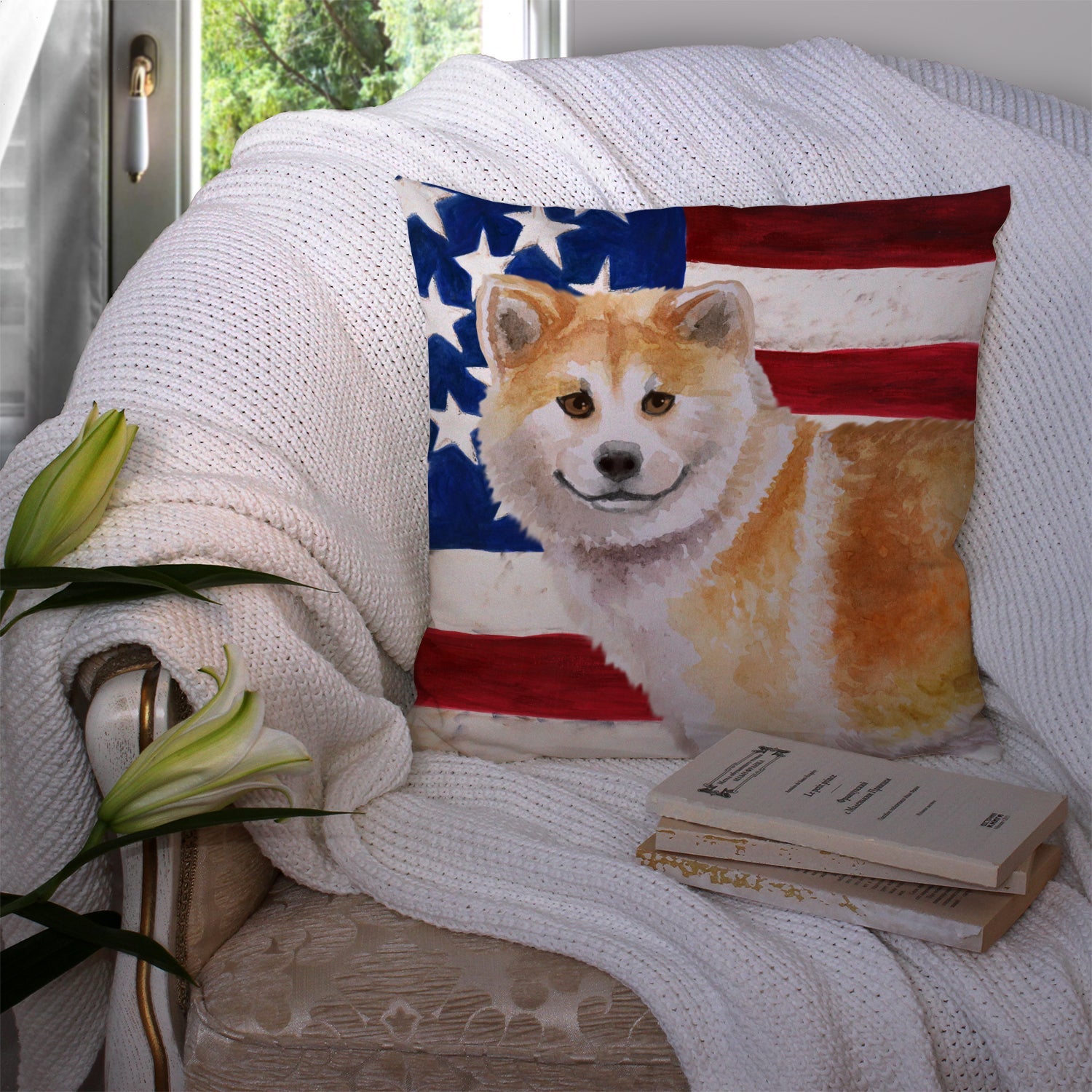Shiba Inu Patriotic Decorative Throw Pillow 14x14 Indoor Outdoor Accent Cushion, Fabric Cover with Insert for Sofa, Bed, Porch & Living Room