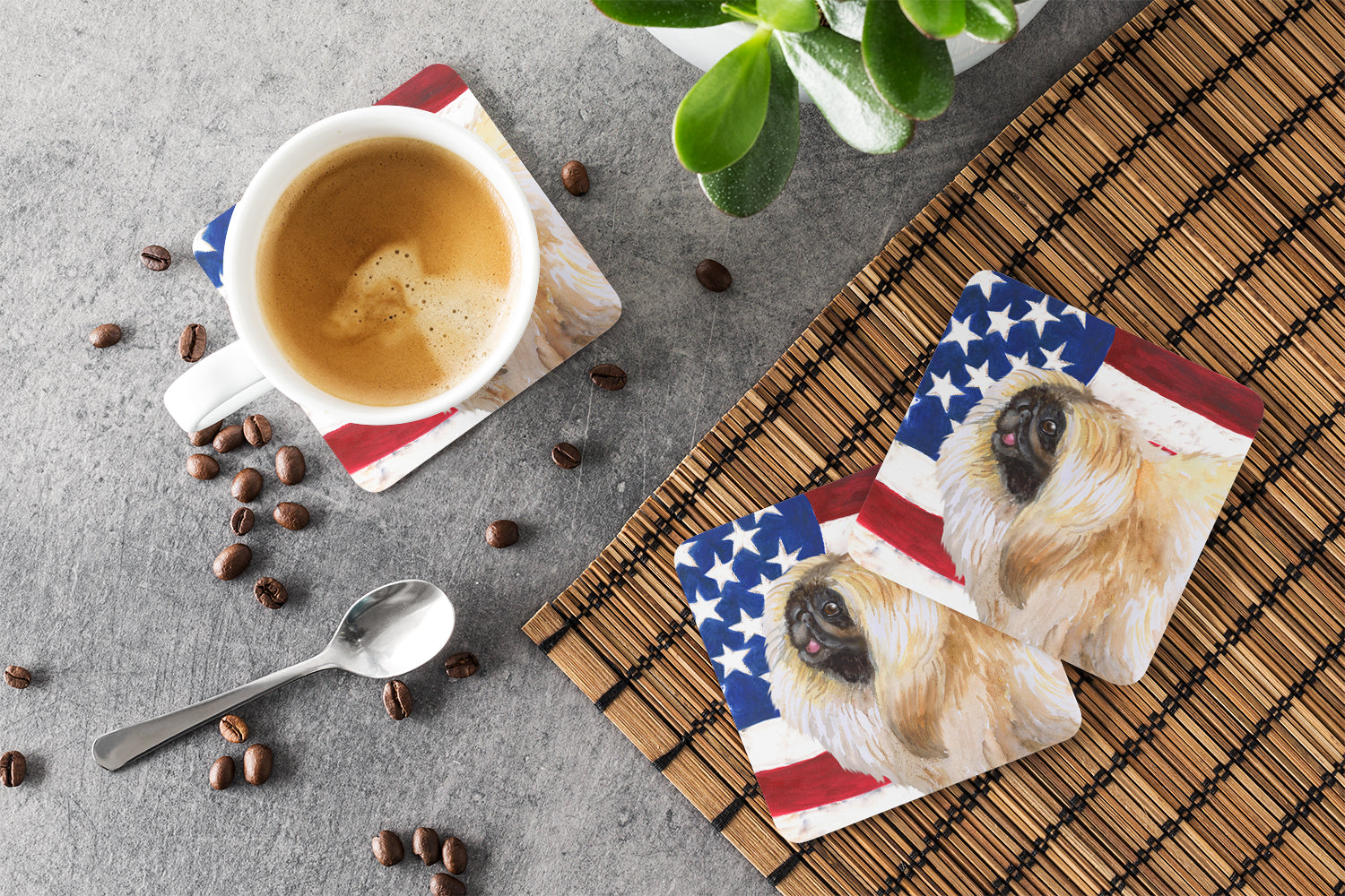 Pekingese Patriotic Foam Coasters Set of 4 Cup Coasters for Indoor Outdoor, Tabletop Protection, Anti Slip, Mouse pad Material