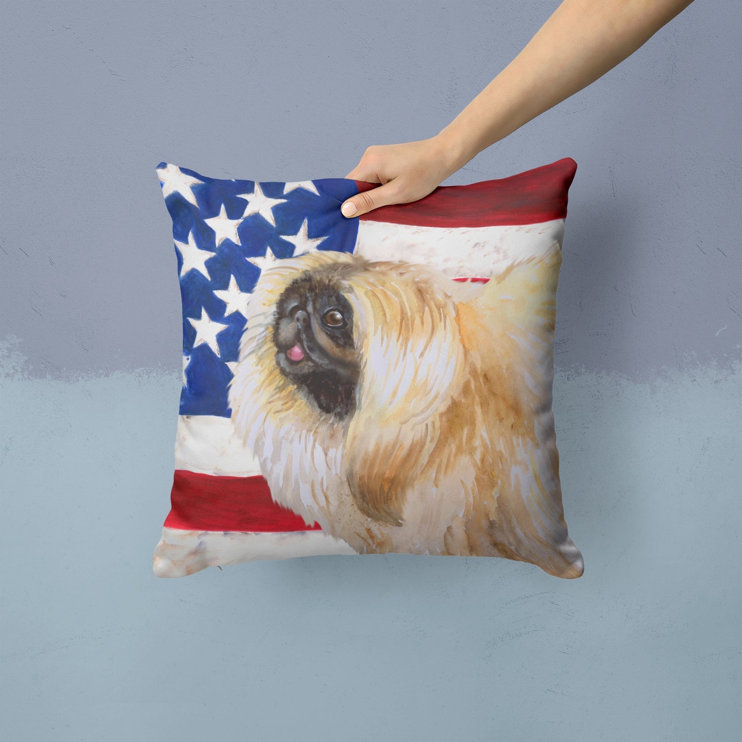 Pekingese Patriotic Decorative Throw Pillow 14x14 Indoor Outdoor Accent Cushion, Fabric Cover with Insert for Sofa, Bed, Porch & Living Room