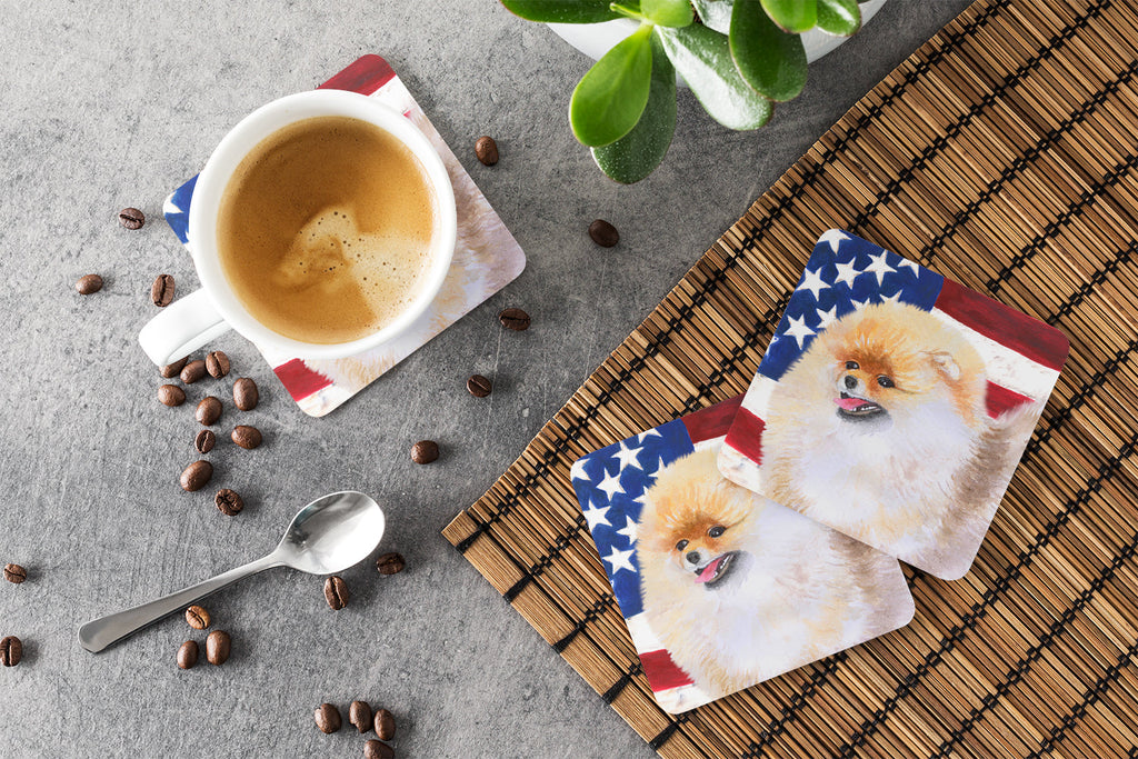 Pomeranian Patriotic Foam Coasters Set of 4 Cup Coasters for Indoor Outdoor, Tabletop Protection, Anti Slip, Mouse pad Material