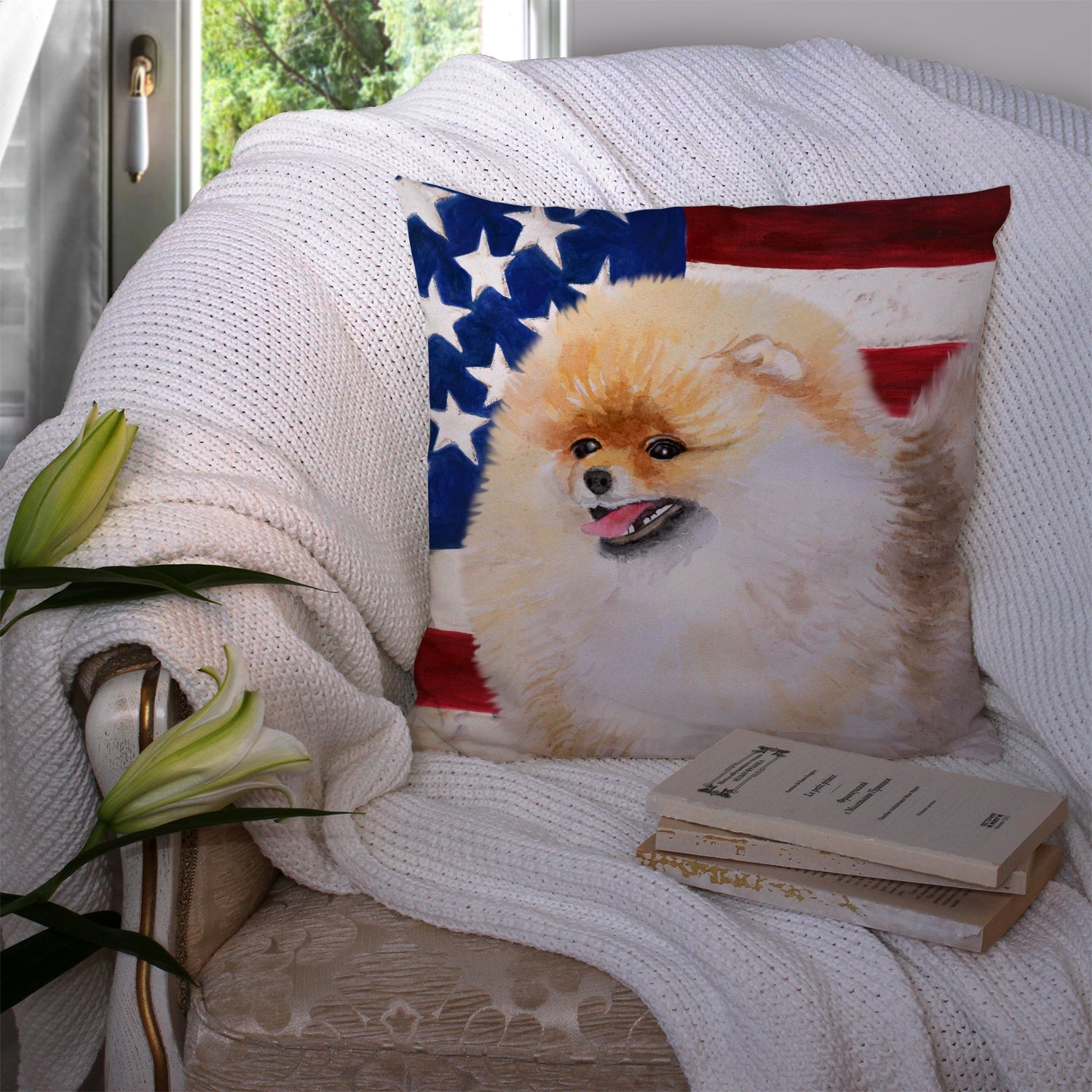 Pomeranian Patriotic Decorative Throw Pillow 14x14 Indoor Outdoor Accent Cushion, Fabric Cover with Insert for Sofa, Bed, Porch & Living Room