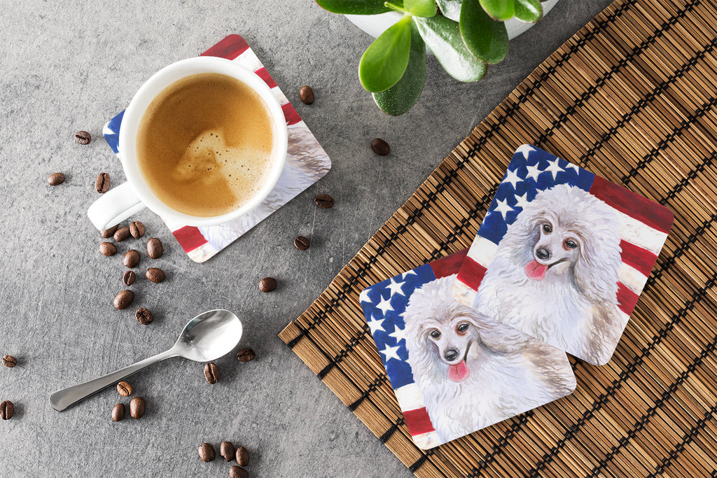 Medium White Poodle Patriotic Foam Coasters Set of 4 Cup Coasters for Indoor Outdoor, Tabletop Protection, Anti Slip, Mouse pad Material