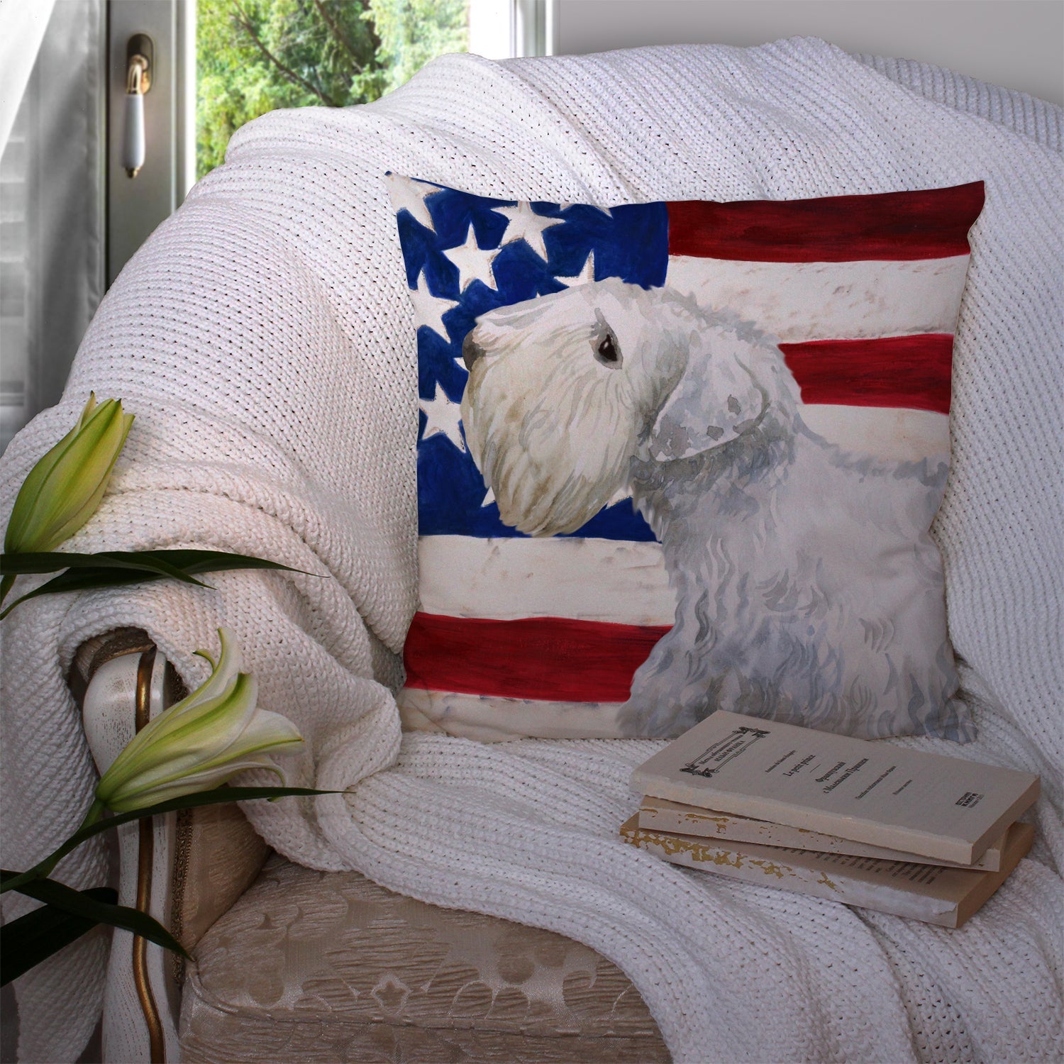 Sealyham Terrier Patriotic Decorative Throw Pillow 14x14 Indoor Outdoor Accent Cushion, Fabric Cover with Insert for Sofa, Bed, Porch & Living Room