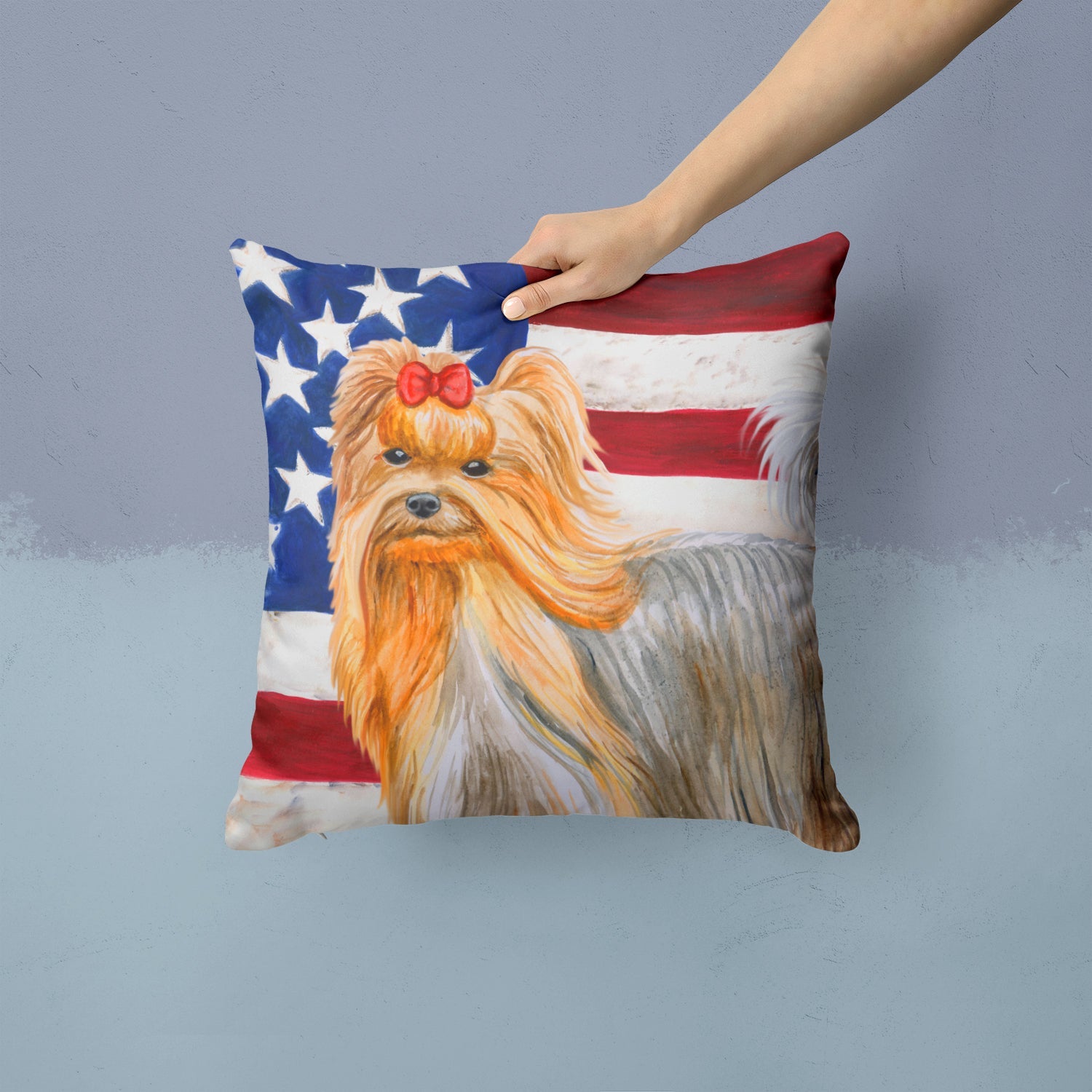 Yorkshire Terrier Patriotic Decorative Throw Pillow 14x14 Indoor Outdoor Accent Cushion, Fabric Cover with Insert for Sofa, Bed, Porch & Living Room