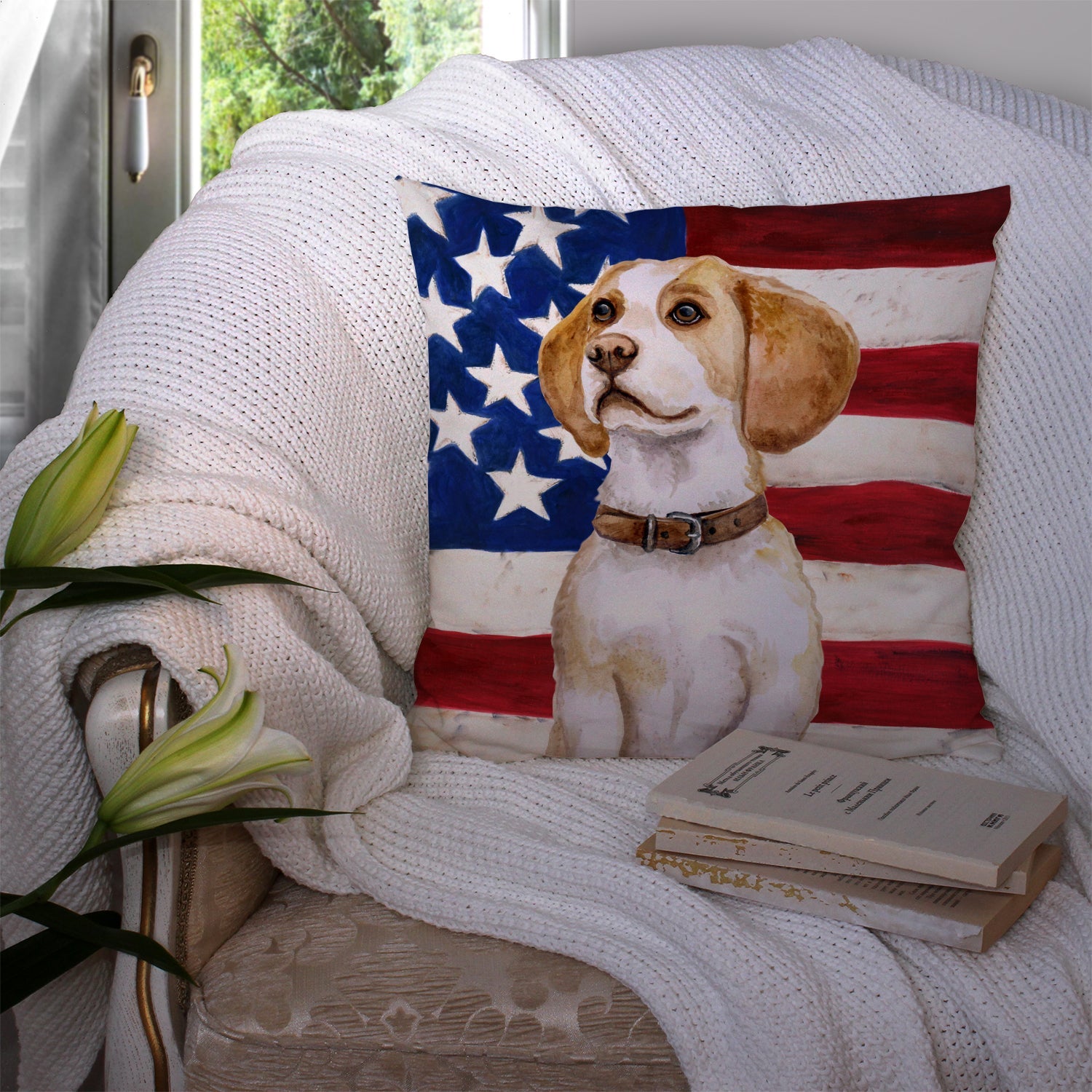 Beagle Patriotic Decorative Throw Pillow 14x14 Indoor Outdoor Accent Cushion, Fabric Cover with Insert for Sofa, Bed, Porch & Living Room