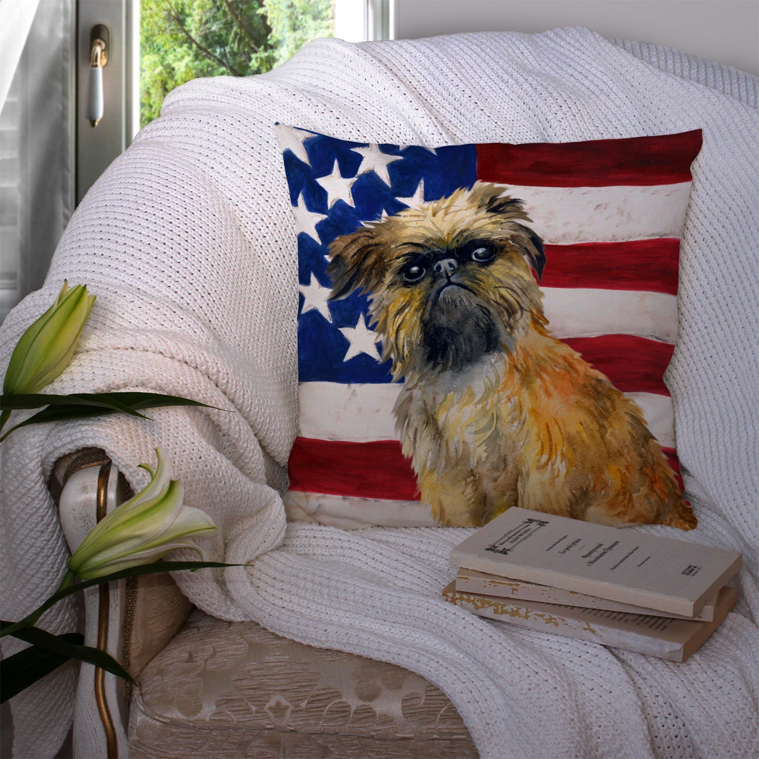 Brussels Griffon Patriotic Decorative Throw Pillow 14x14 Indoor Outdoor Accent Cushion, Fabric Cover with Insert for Sofa, Bed, Porch & Living Room